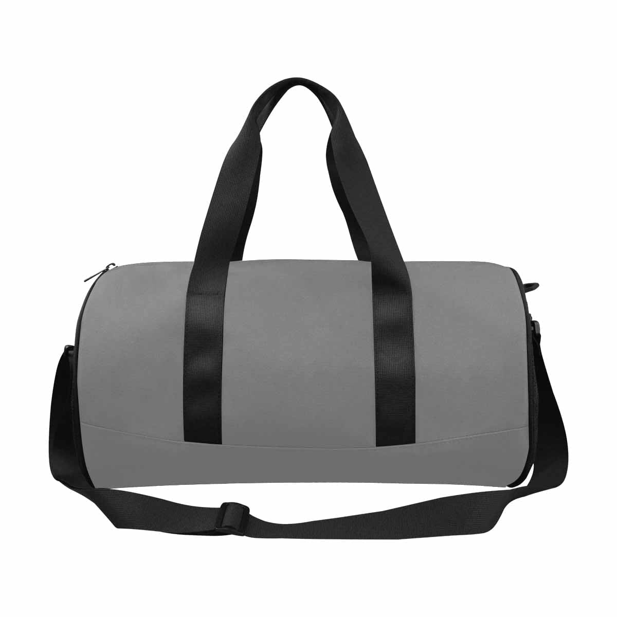 Gray travel duffel bag made from waterproof fabric, featuring a spacious main compartment and adjustable shoulder strap.