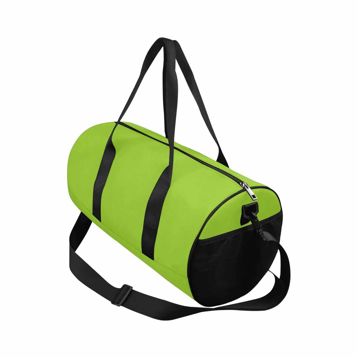 A vibrant yellow-green duffel bag designed for travel and outdoor activities, featuring waterproof fabric and multiple storage compartments.