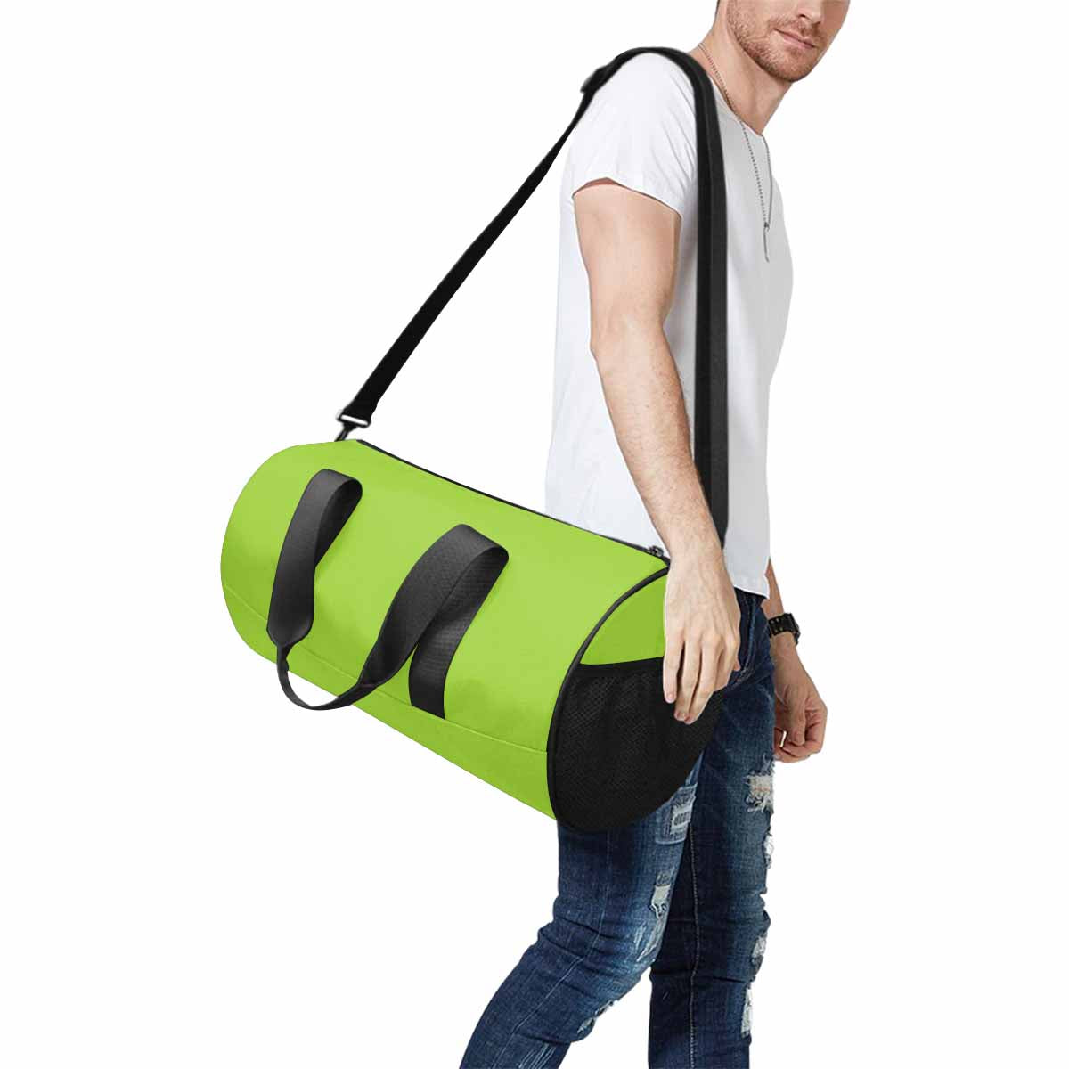 A vibrant yellow-green duffel bag designed for travel and outdoor activities, featuring waterproof fabric and multiple storage compartments.