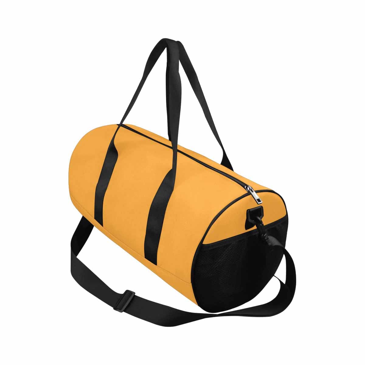 A vibrant yellow-orange duffel bag designed for travel and outdoor activities, featuring multiple pockets and a sturdy strap.