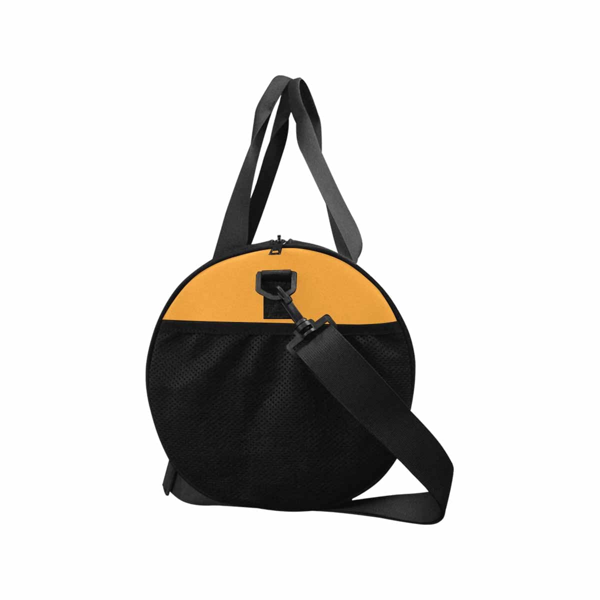 A vibrant yellow-orange duffel bag designed for travel and outdoor activities, featuring multiple pockets and a sturdy strap.