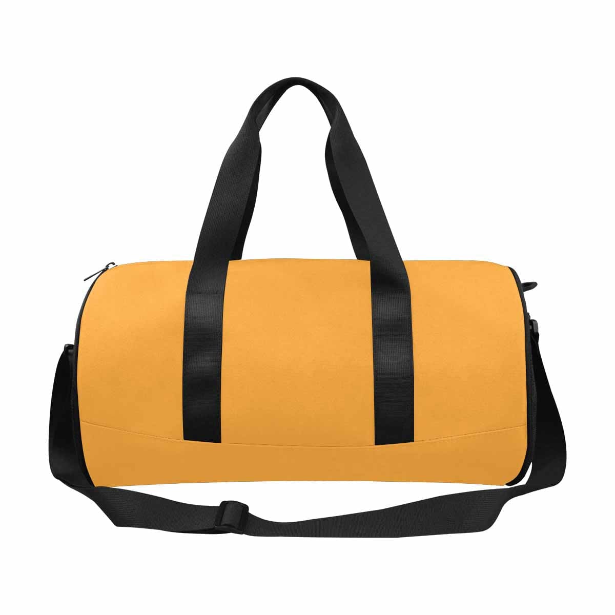 A vibrant yellow-orange duffel bag designed for travel and outdoor activities, featuring multiple pockets and a sturdy strap.