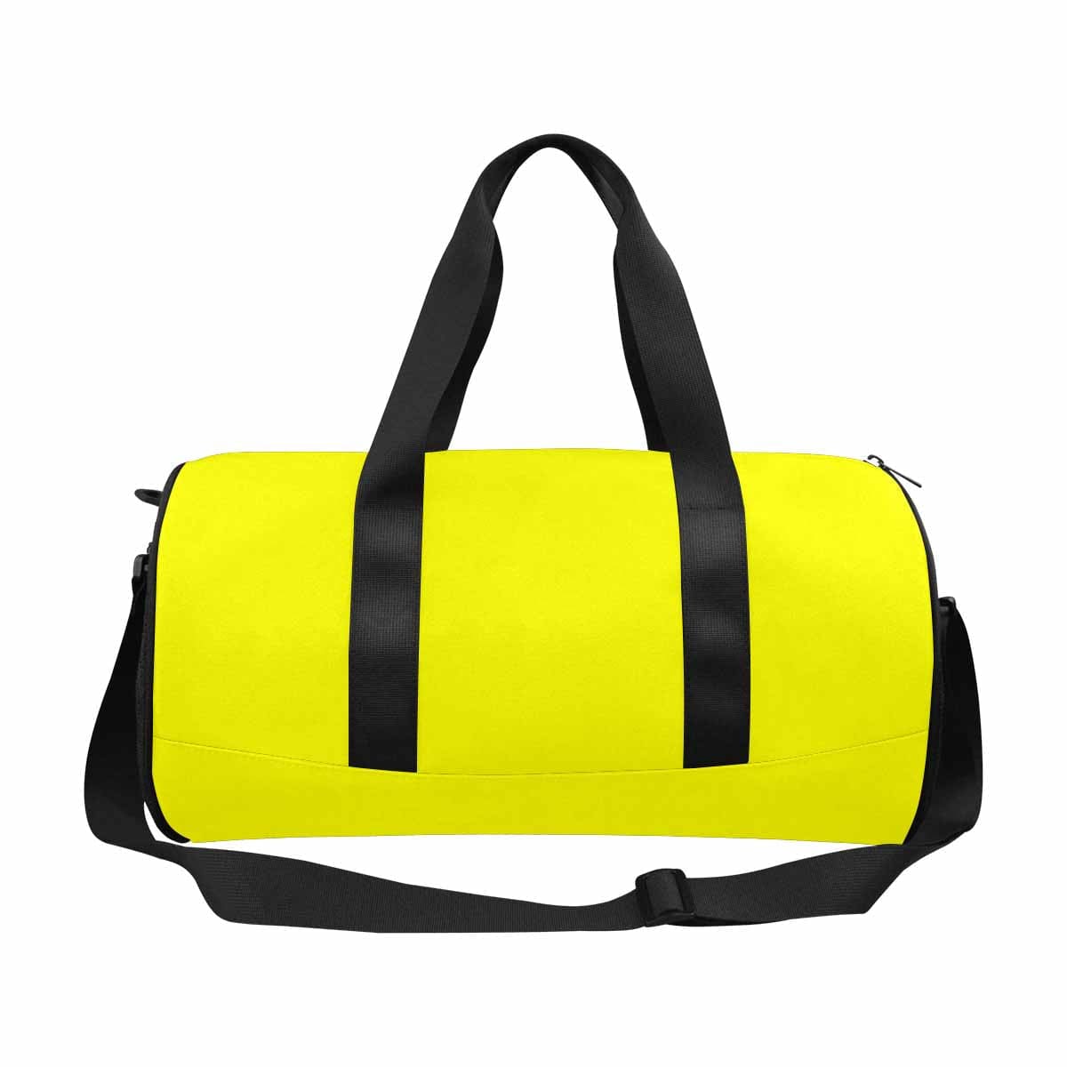 A vibrant yellow duffel bag made from waterproof fabric, featuring a spacious main compartment and side mesh pockets, ideal for travel and outdoor activities.