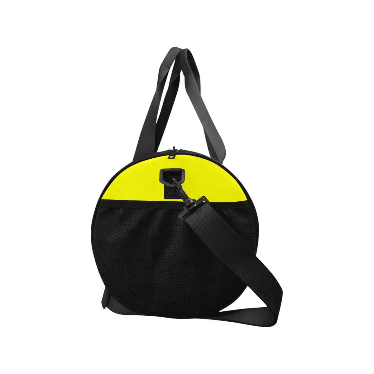 A vibrant yellow duffel bag made from waterproof fabric, featuring a spacious main compartment and side mesh pockets, ideal for travel and outdoor activities.