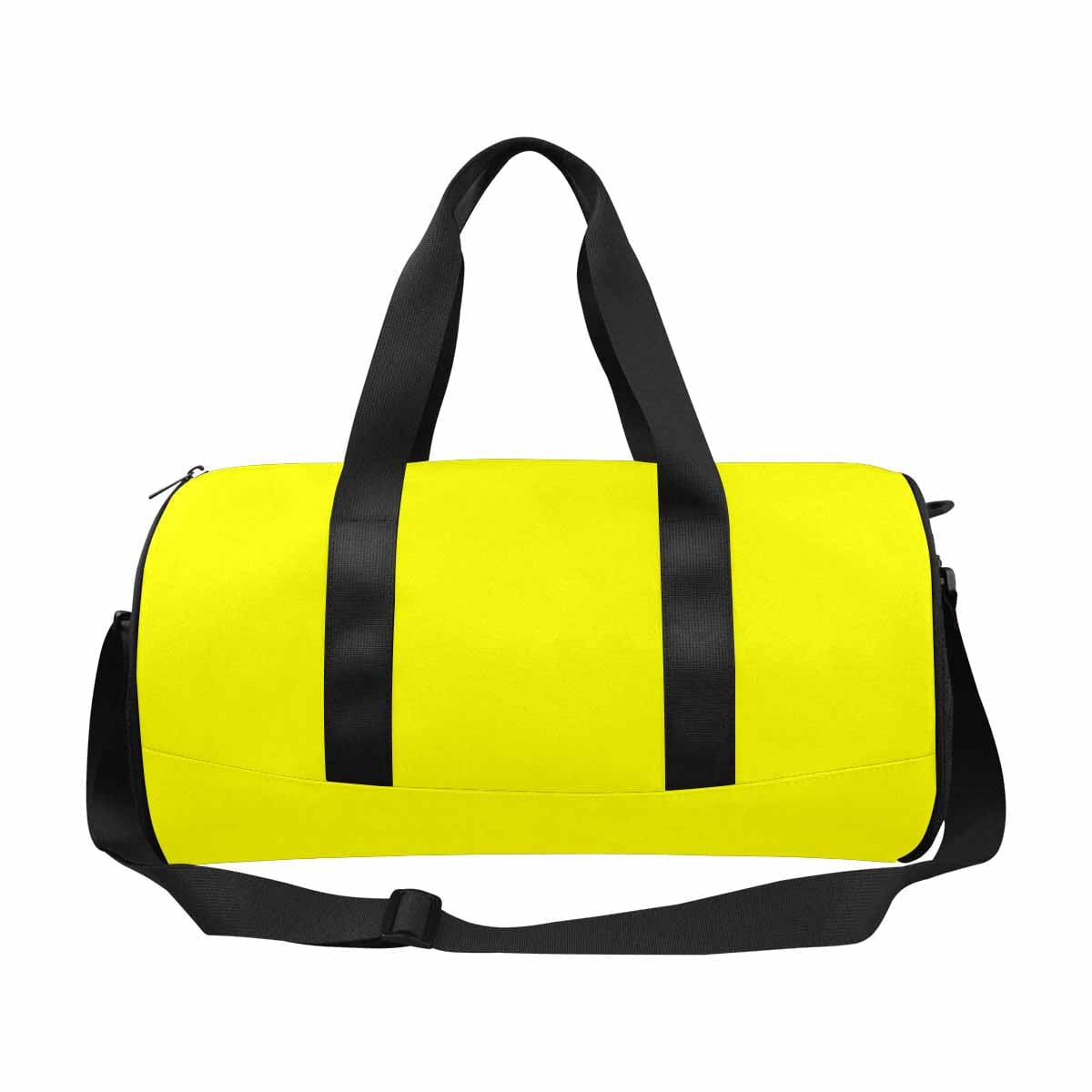 A vibrant yellow duffel bag made from waterproof fabric, featuring a spacious main compartment and side mesh pockets, ideal for travel and outdoor activities.