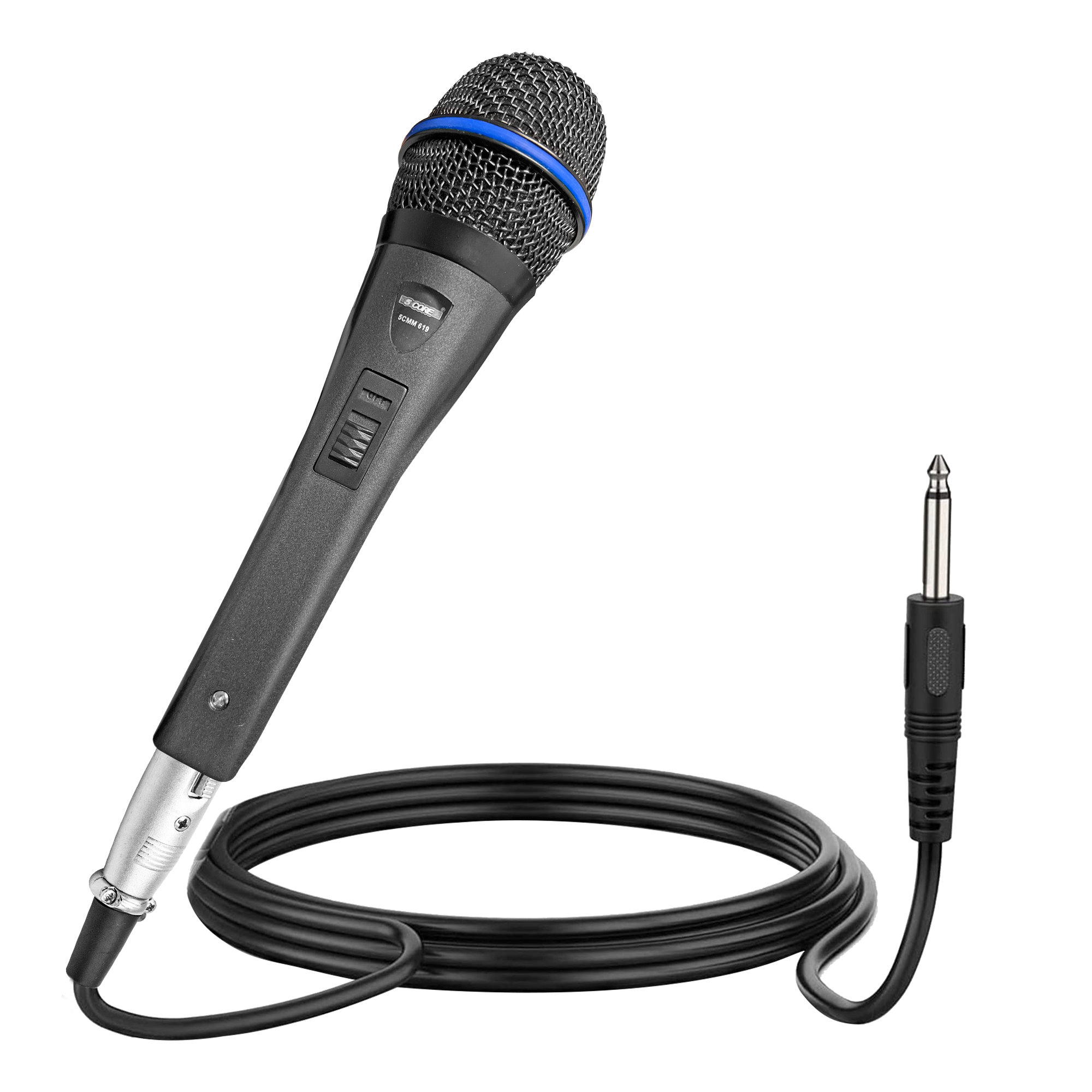 Dynamic Handheld Microphone PM 619 with XLR audio cable, showcasing its rugged design and cardioid pickup pattern.