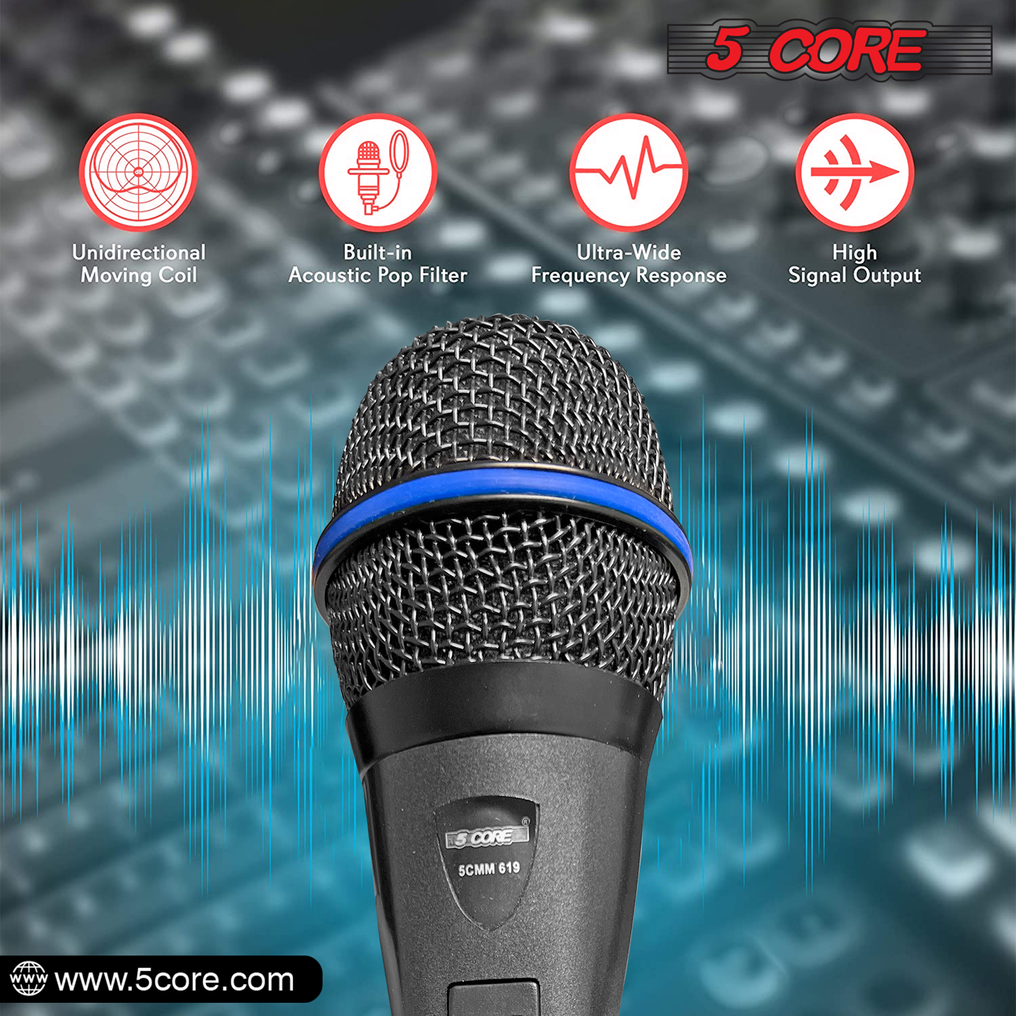 Dynamic Handheld Microphone PM 619 with XLR audio cable, showcasing its rugged design and cardioid pickup pattern.