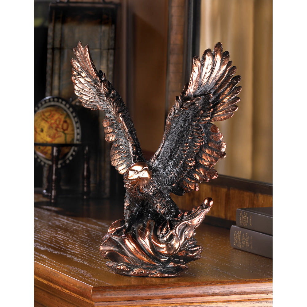 A beautifully crafted Eagle in flight statue made of polyresin, showcasing intricate details and an elegant design, perfect for home decor.