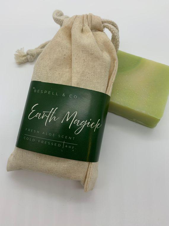 Earth Magick Soap with a fresh aloe vera fragrance, showcasing unique colors and swirls, made from natural oils and organic shea butter.