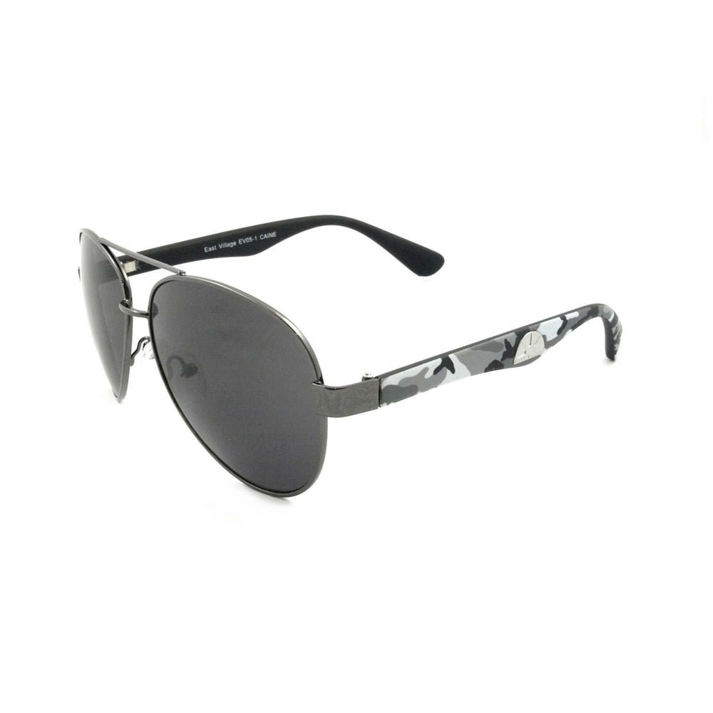 East Village 'Caine' Metal Frame Aviator Sunglasses with grey camouflage outer temples and silver frame.