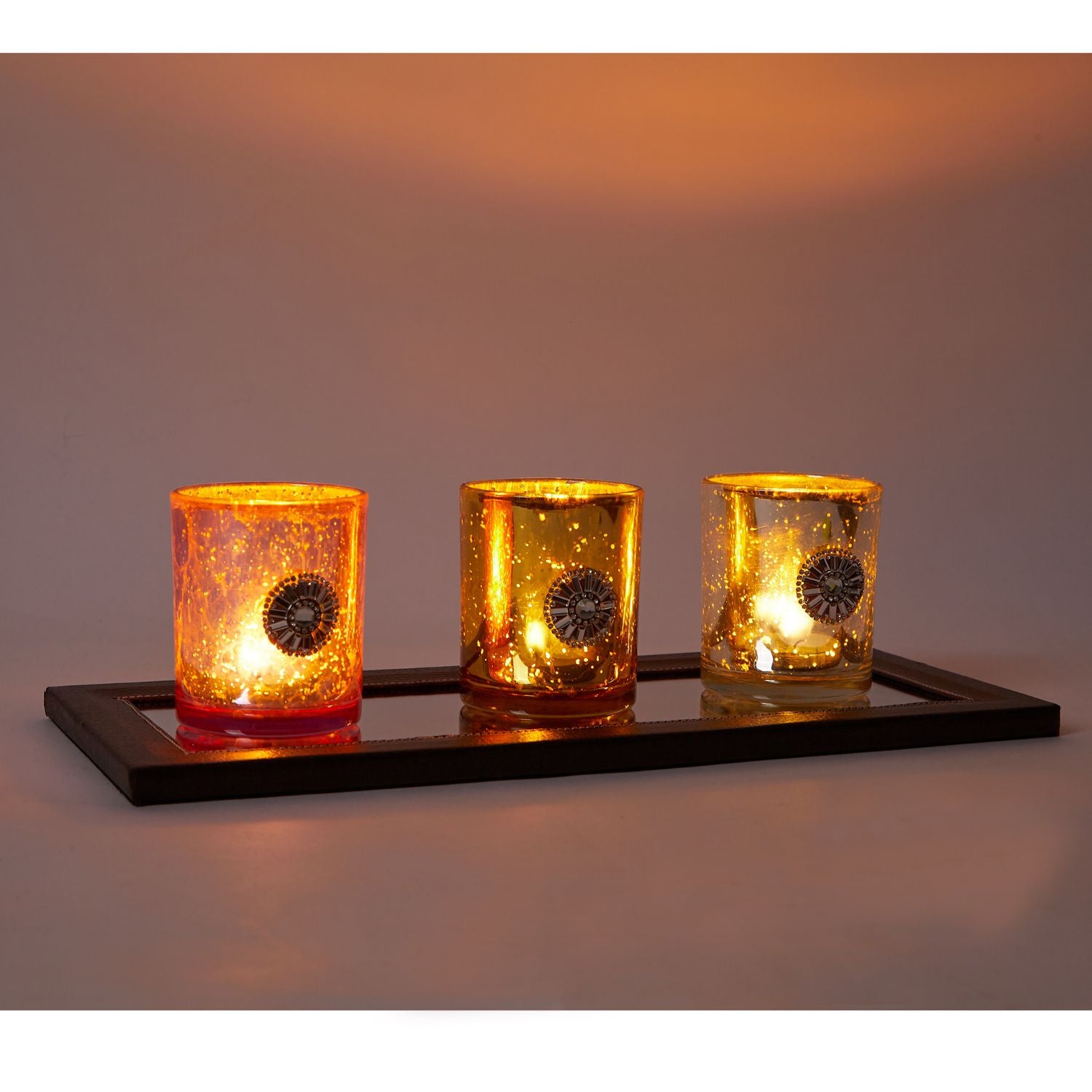 Set of 3 handmade Austrian crystal candle holders in tumbler shape, showcasing elegance and craftsmanship.