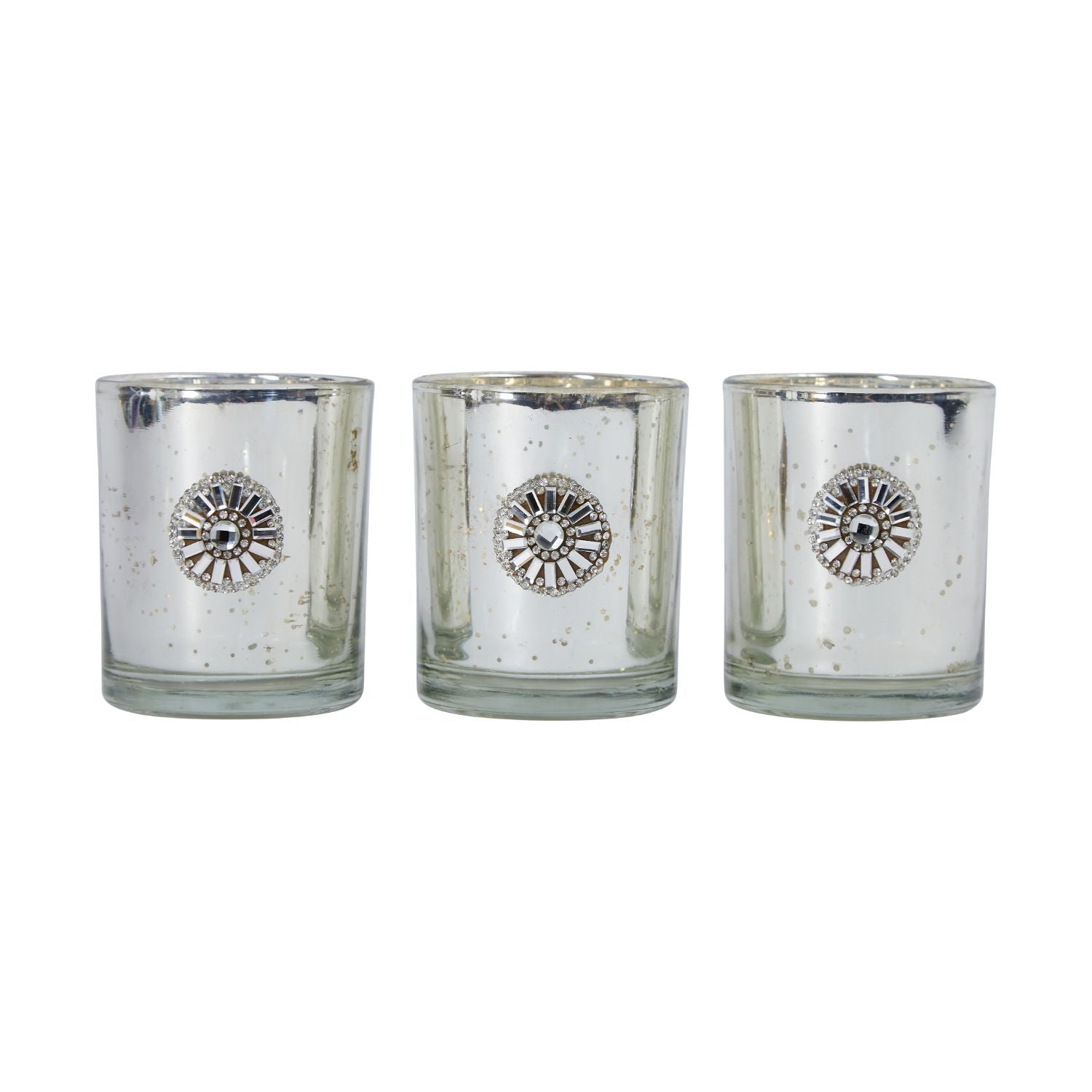 Set of 3 handmade Austrian crystal candle holders with a faux leather edged glass mirror tray, showcasing elegant design and craftsmanship.