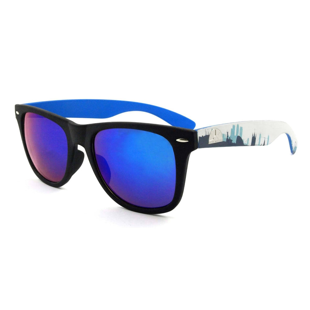 East Village Classic 'Sandler' Retro Sunglasses featuring black and blue colors with blue mirror lenses and East Village logo.