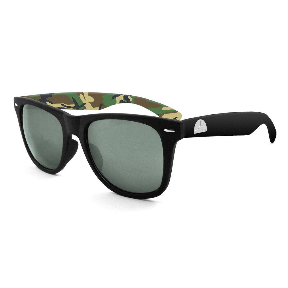 East Village Classic 'Sandler' Retro sunglasses in Black/camo with smoke lens and logo on temples.