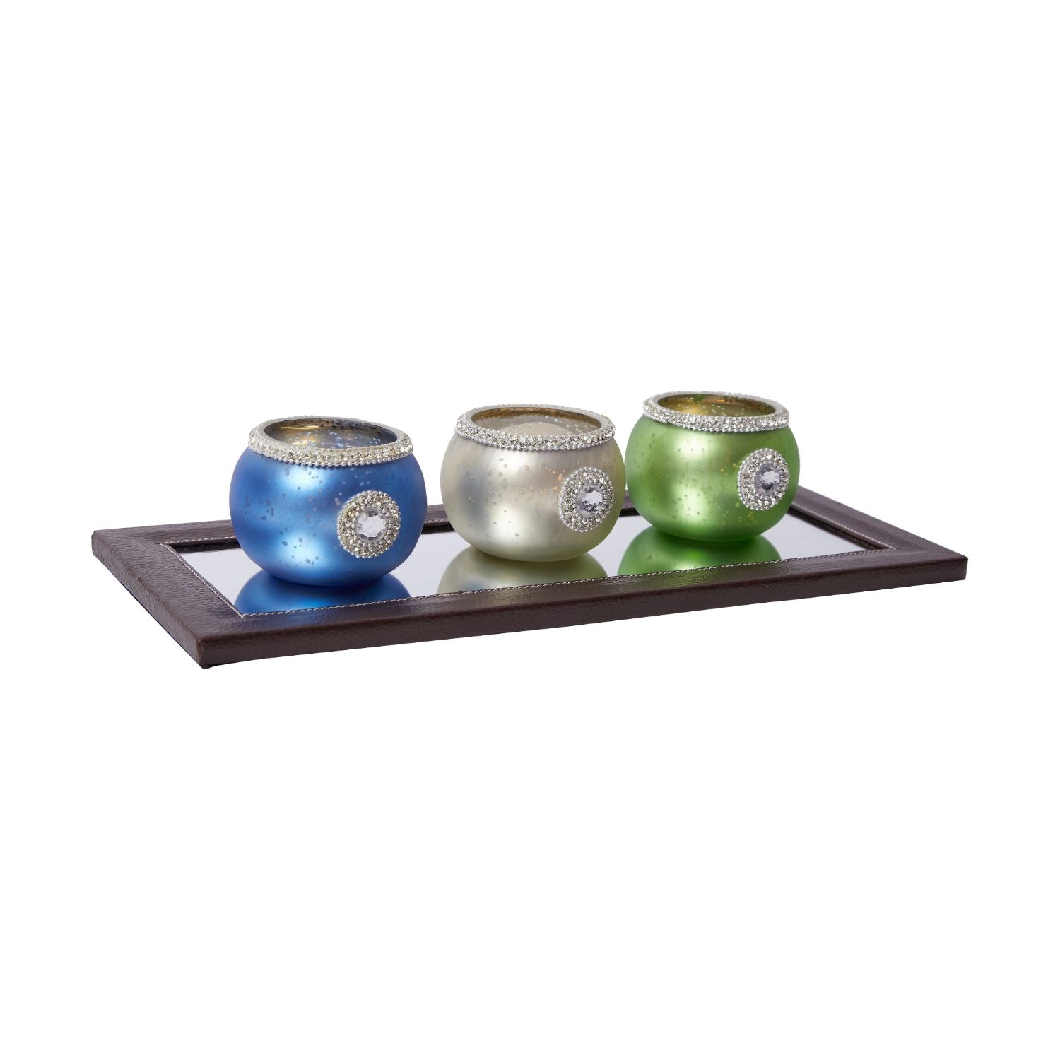 East Village Glass Mirror Tray with faux leather edges, elegantly displaying candle holders.