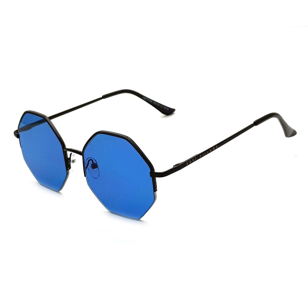 East Village 'Hector' Hex Sunglasses featuring a black frame and blue lenses, showcasing a trendy hexagonal design.