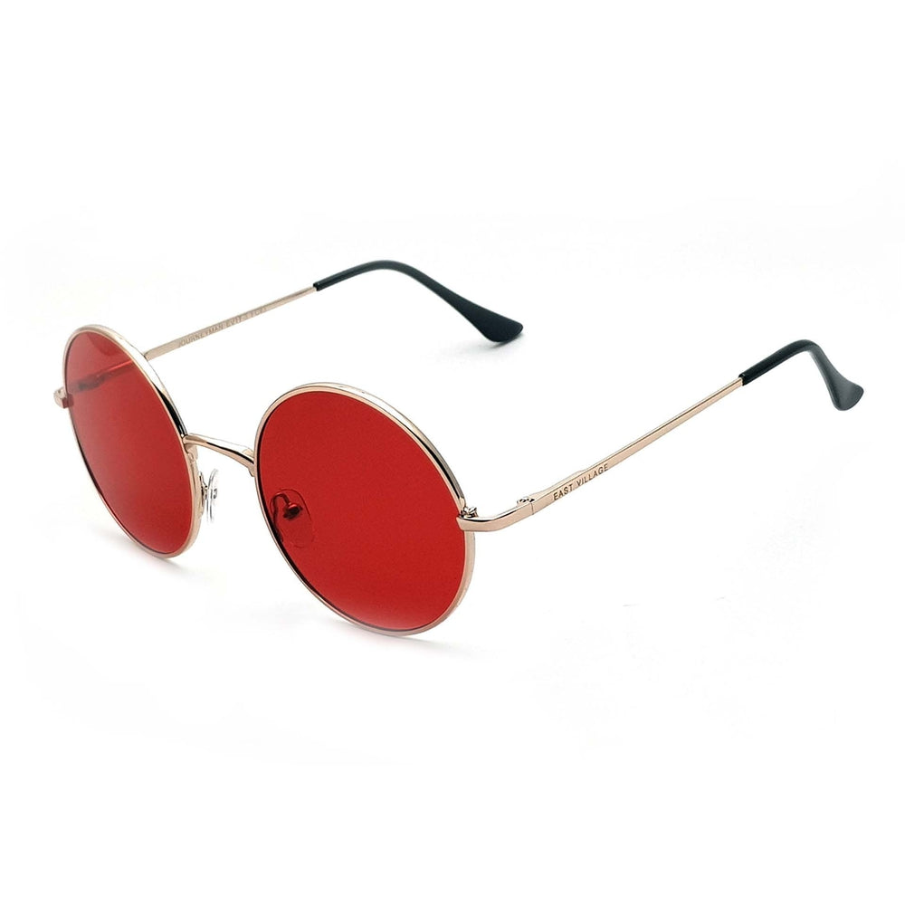 East Village 'Journeyman' Metal Round Sunglasses in silver with red lenses, featuring the East Village logo on the temples.