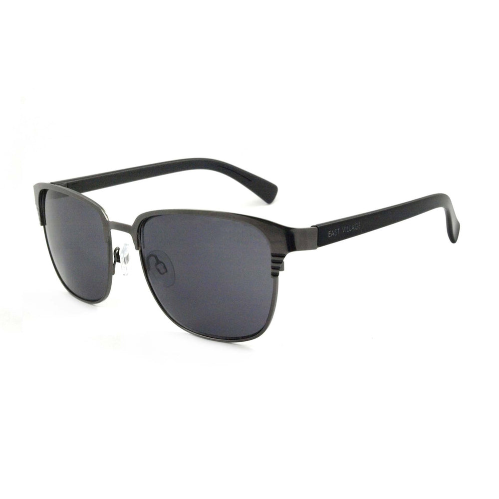 East Village Metal 'Joel' sunglasses featuring a gunmetal frame and blue flash lens, with shiny black temples and logo.