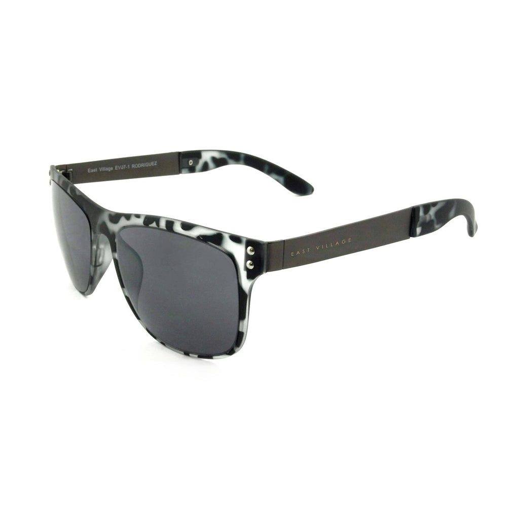 East Village Metal 'Rodriguez' Wayfarer sunglasses with black and white tortoiseshell print frame and logo.