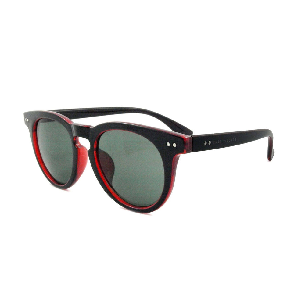 East Village 'Moon' Preppy Two-Tone Sunglasses in Black and Red with logo on temples.