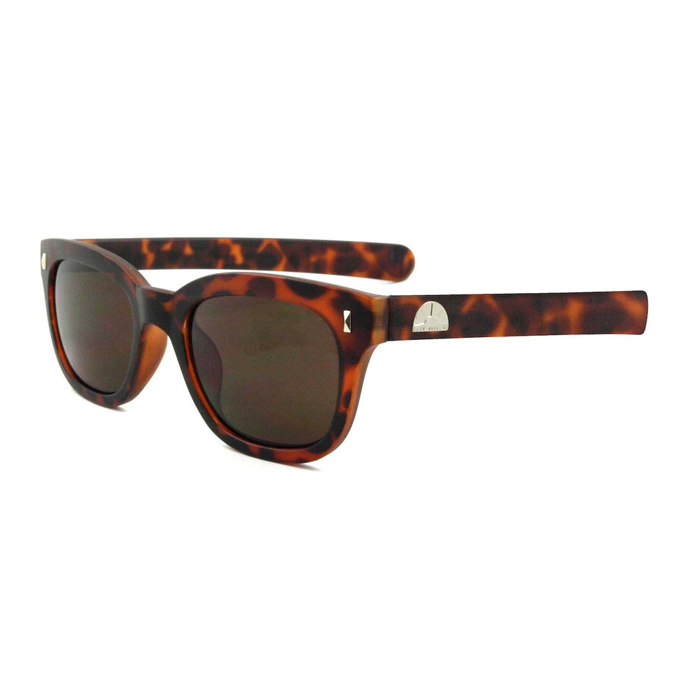 East Village 'Pacino' sunglasses in tortoiseshell with metal logo plates on temples, stylish and protective.