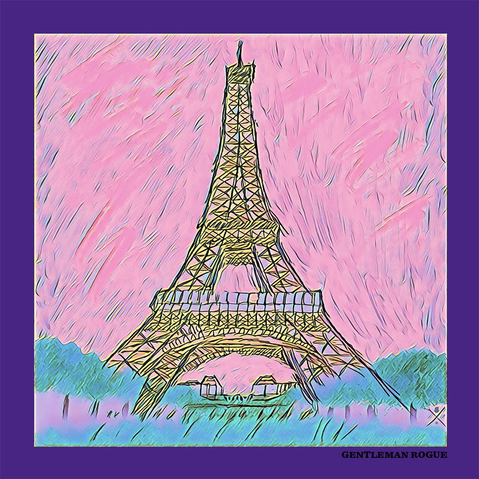 Eiffel Tower Lavender Ladies Scarf featuring hand sketched Eiffel Tower design in dusty pink lavender with a purple border, made from 100% Italian silk.