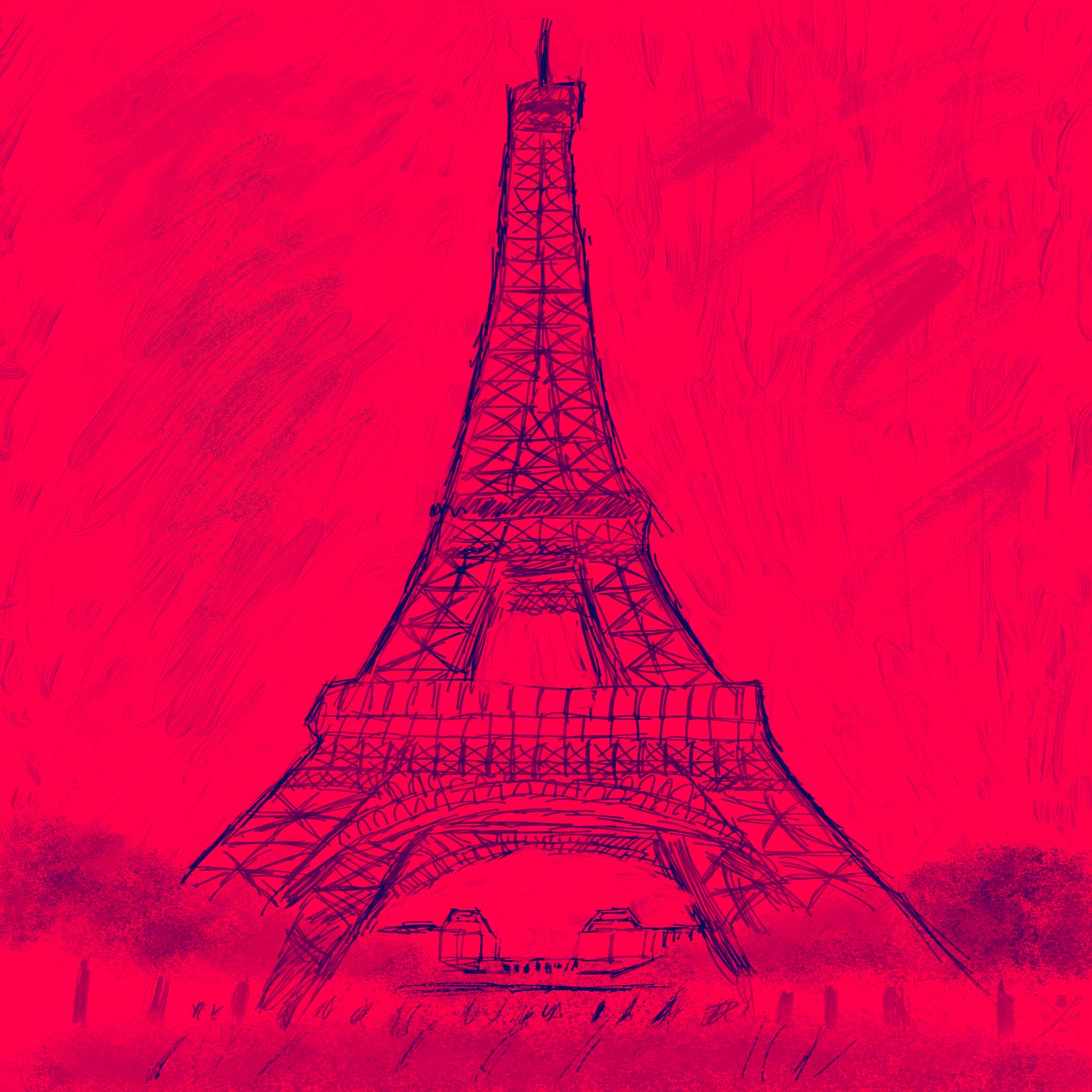 Eiffel Tower Red Pocket Square featuring a hand-sketched design in shades of red on luxurious silk.