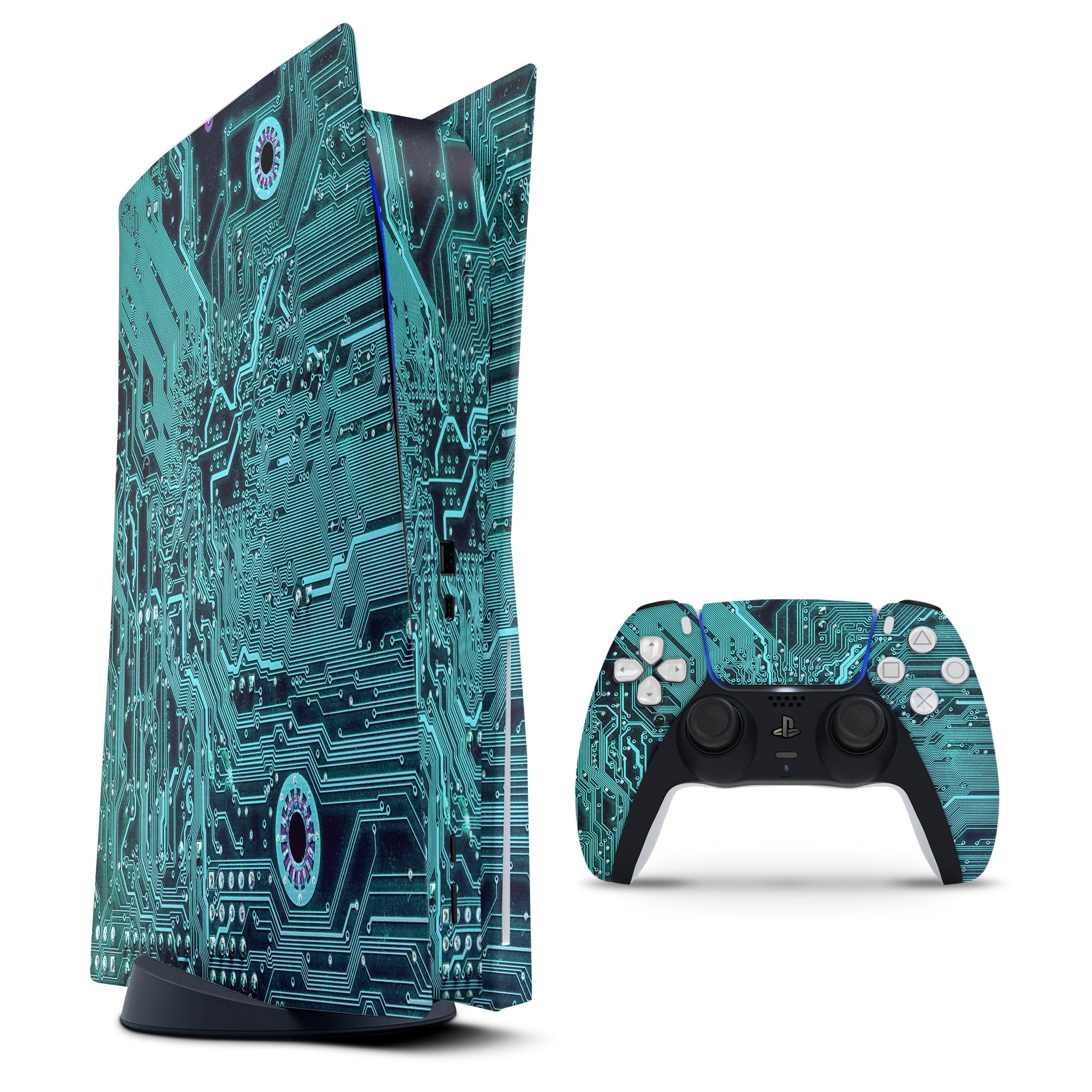 Electric Circuit Board V5 skin decal wrap kit for Sony PS5, showcasing a vibrant design that fits snugly on the console.