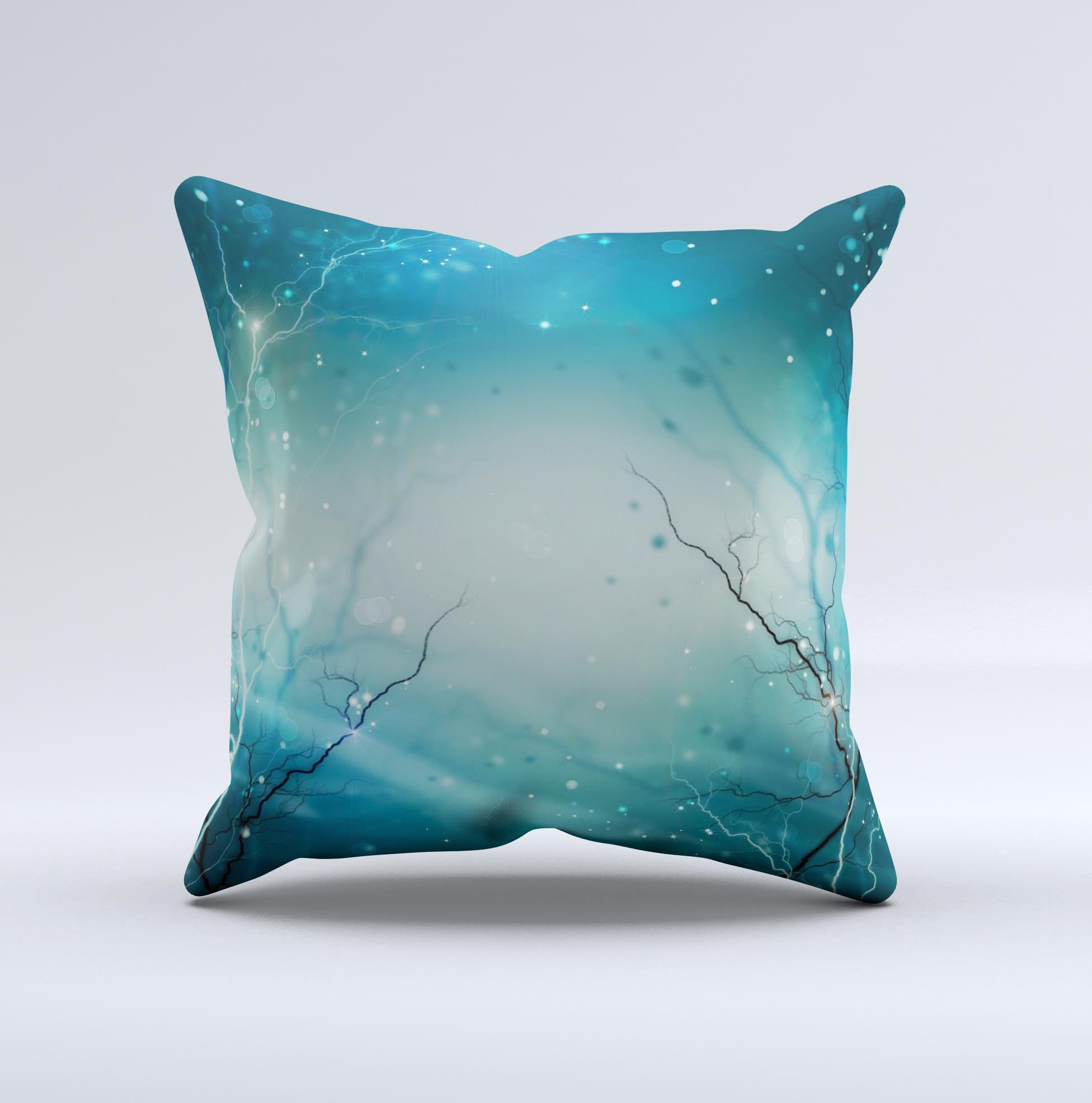 Electric Teal Volts ink-Fuzed Decorative Throw Pillow showcasing vibrant teal color and unique handmade design.