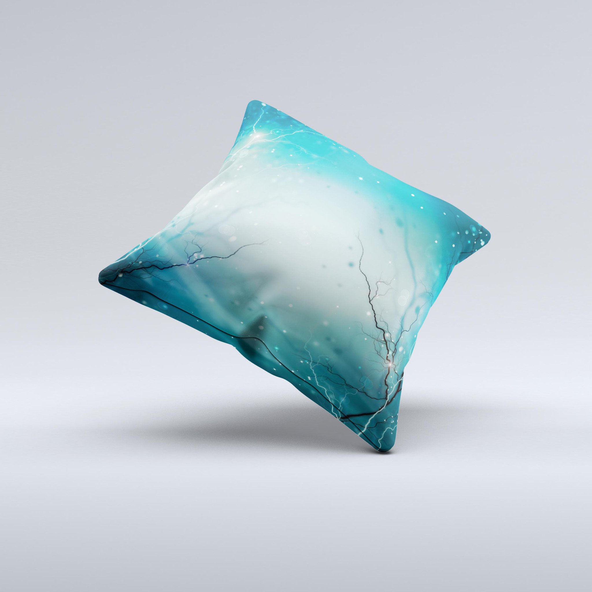 Electric Teal Volts ink-Fuzed Decorative Throw Pillow showcasing vibrant teal color and unique handmade design.