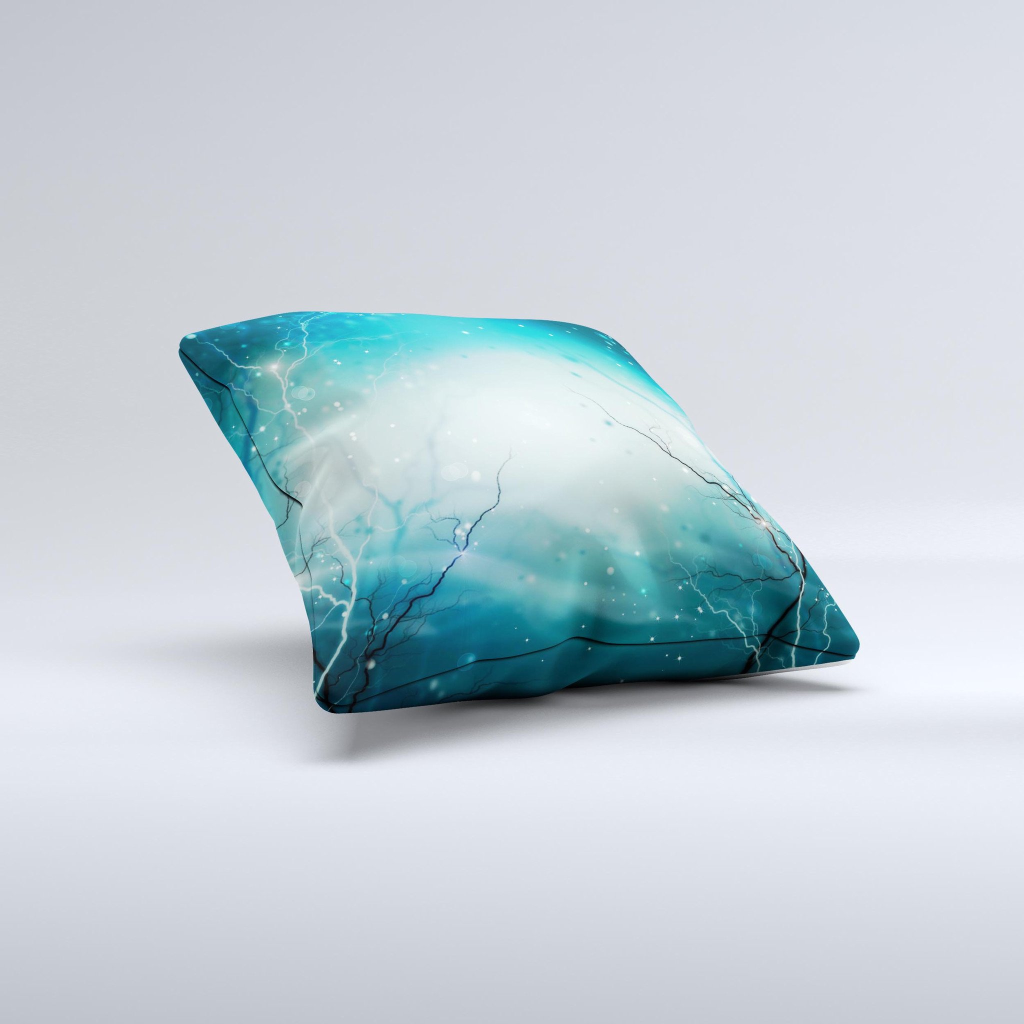 Electric Teal Volts ink-Fuzed Decorative Throw Pillow showcasing vibrant teal color and unique handmade design.