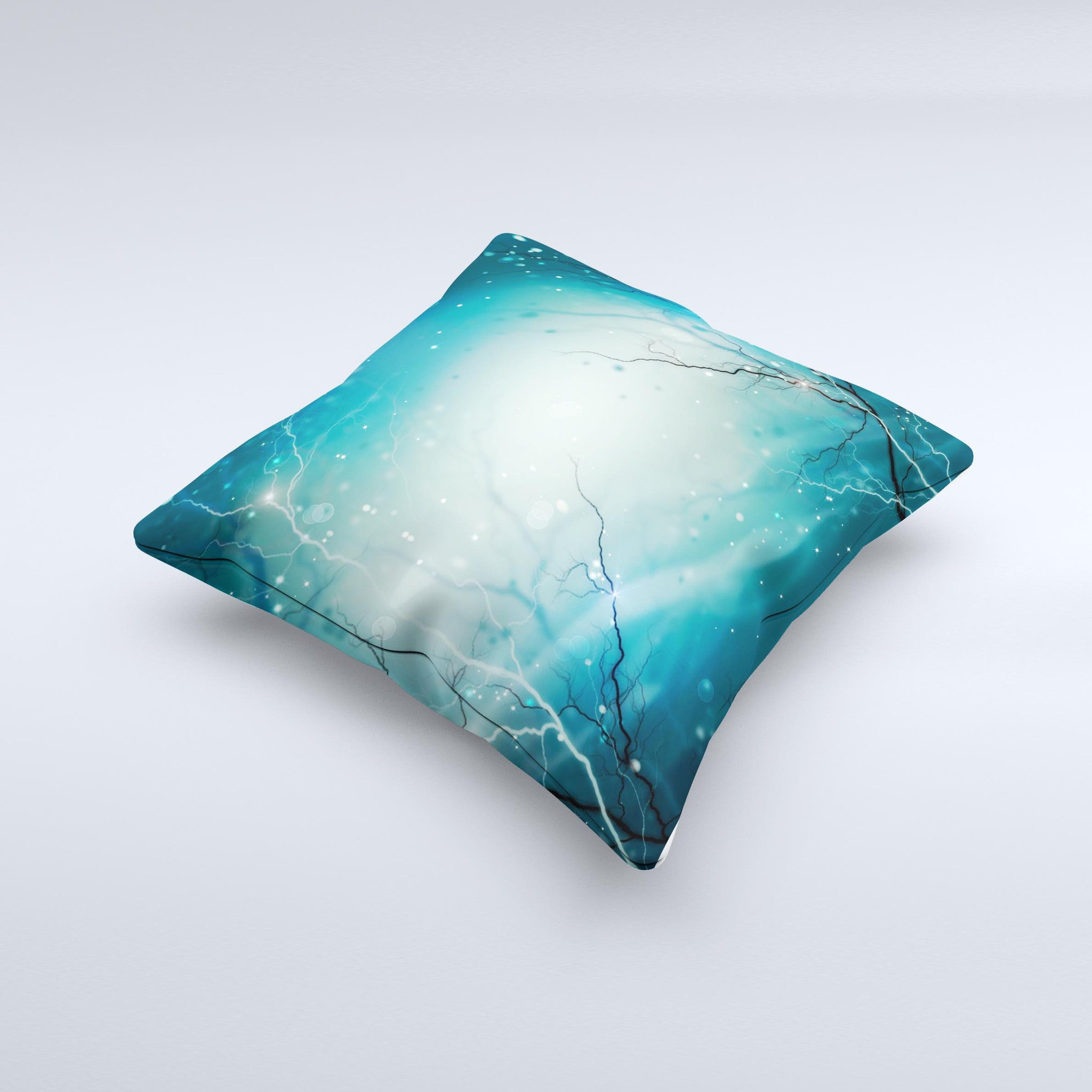 Electric Teal Volts ink-Fuzed Decorative Throw Pillow showcasing vibrant teal color and unique handmade design.