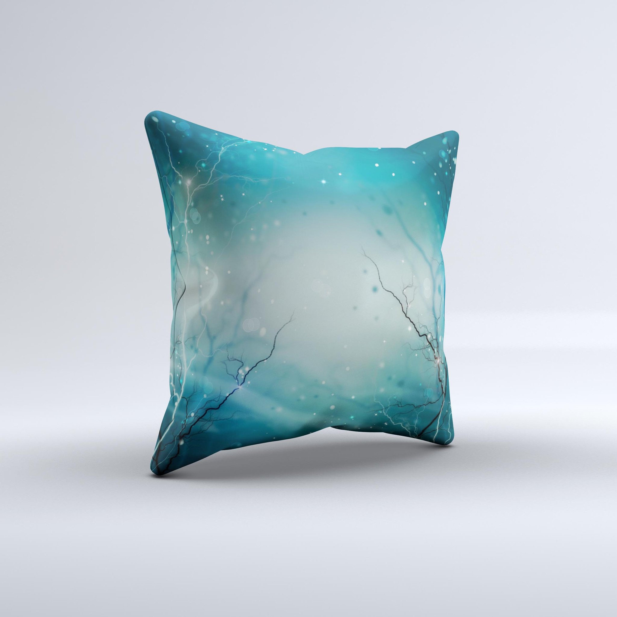 Electric Teal Volts ink-Fuzed Decorative Throw Pillow showcasing vibrant teal color and unique handmade design.