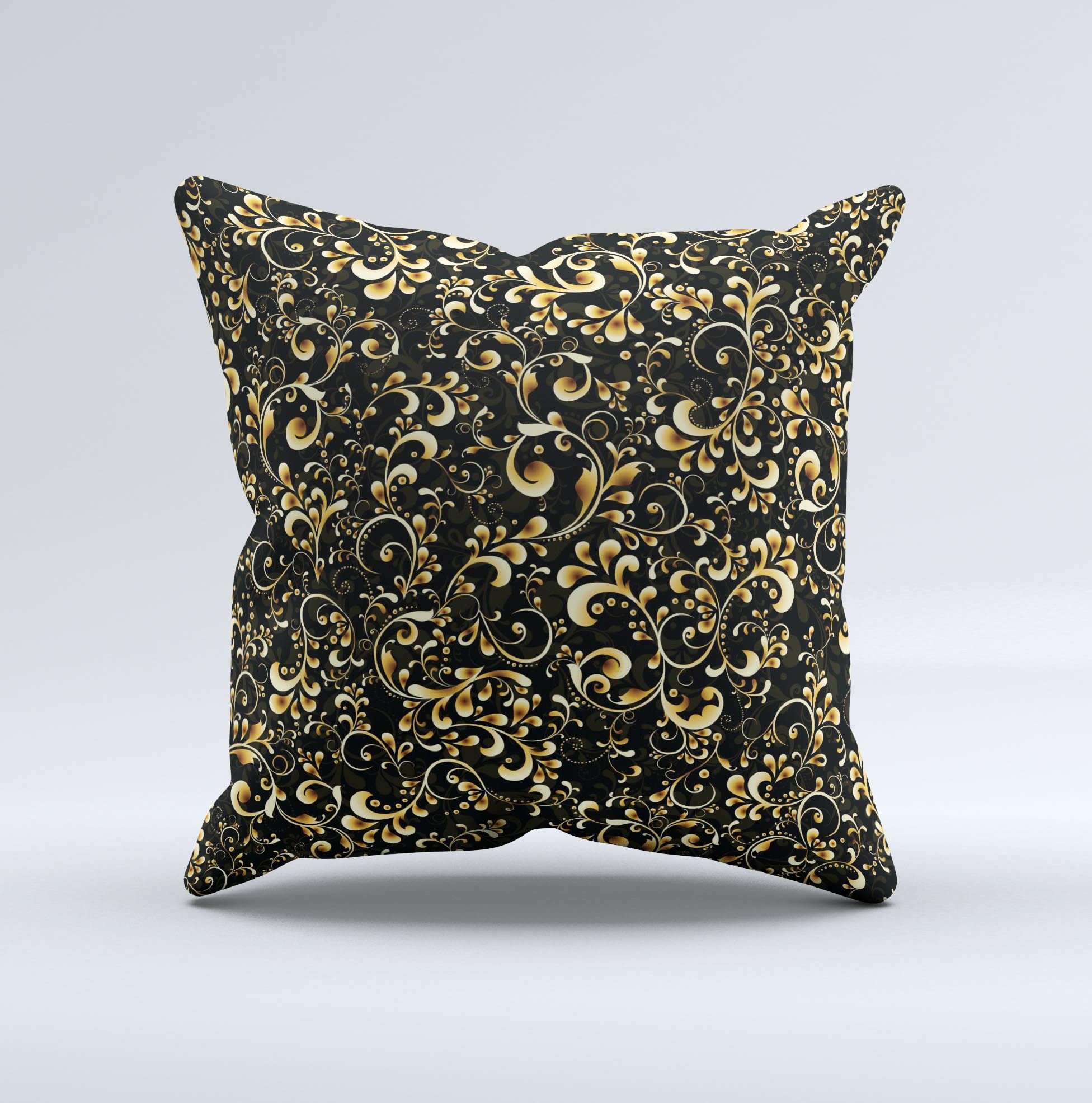 Elegant Golden Swirls ink-Fuzed Decorative Throw Pillow showcasing unique handcrafted design with luxurious fabric and vibrant colors.