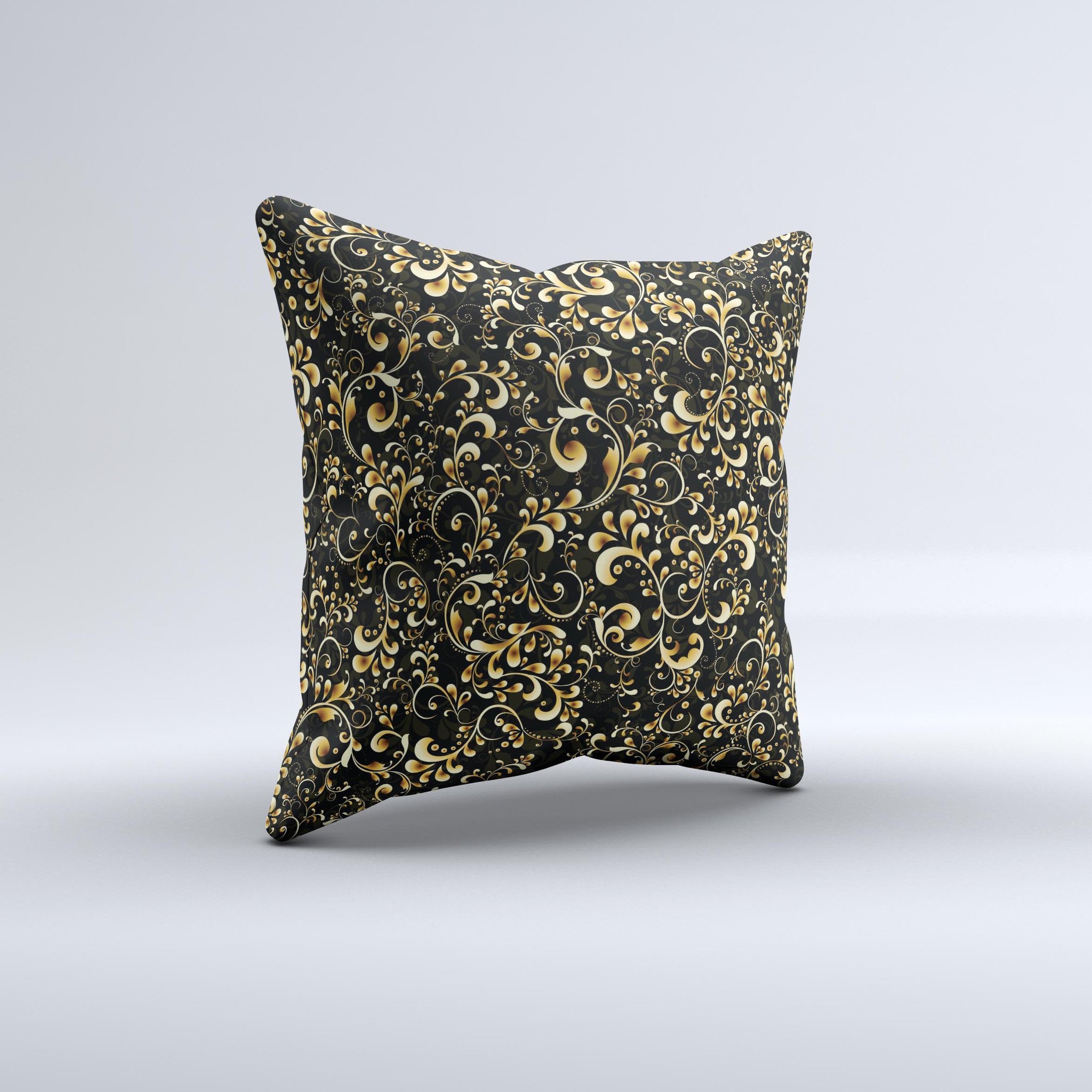 Elegant Golden Swirls ink-Fuzed Decorative Throw Pillow showcasing unique handcrafted design with luxurious fabric and vibrant colors.