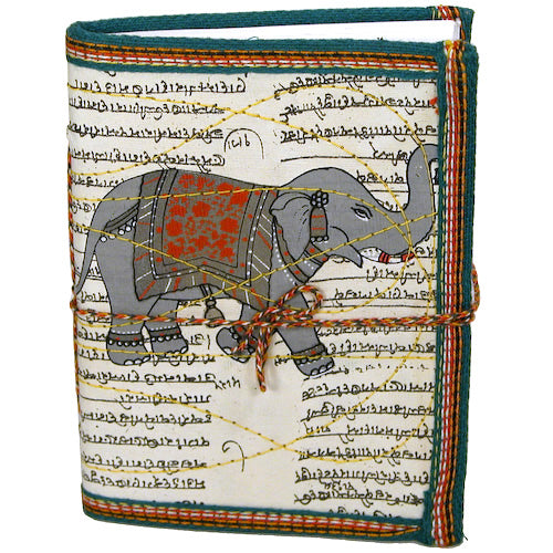 A beautifully crafted Elephant Block-Printed Cloth Journal featuring intricate designs, handmade paper, and a compact size, perfect for artists and writers.