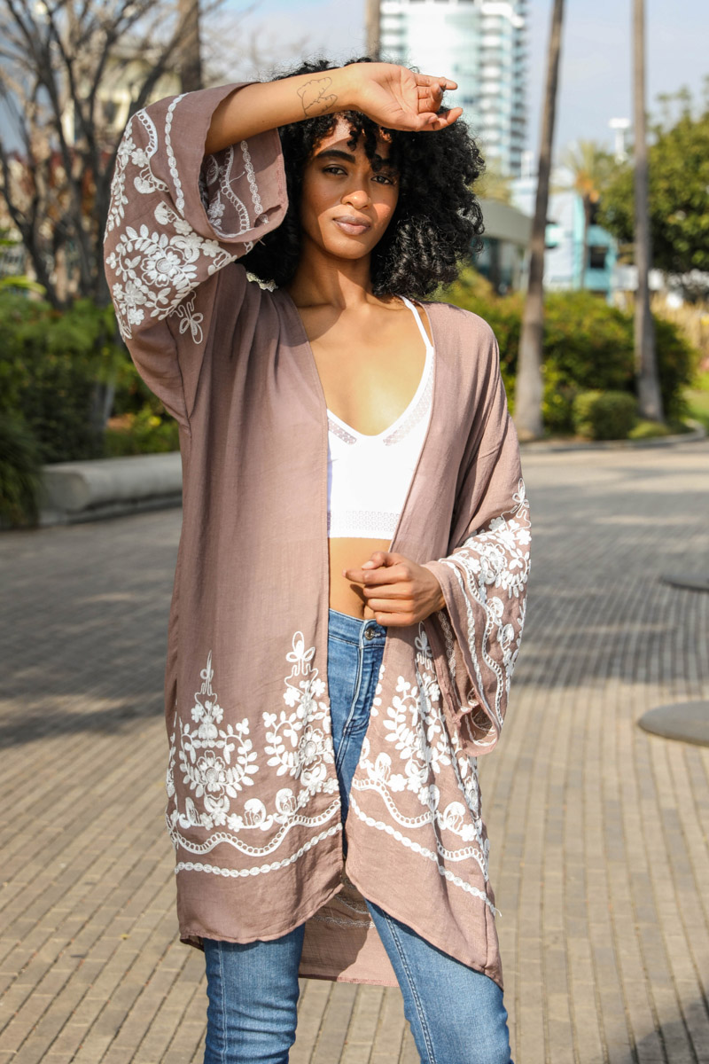 A light and airy embroidered floral vine kimono, showcasing intricate flower designs on a soft fabric, perfect for casual or elegant occasions.