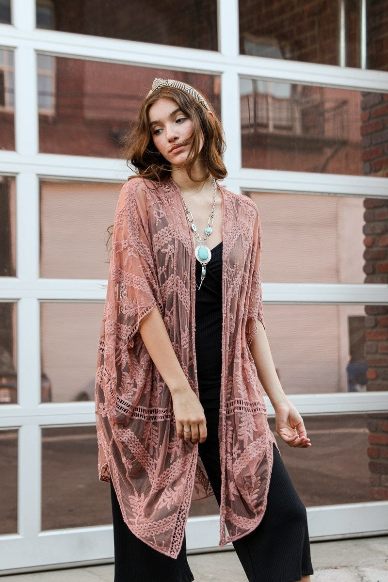 A lightweight embroidered mesh leaf kimono in various colors, perfect for spring and summer outfits, featuring intricate leaf patterns.