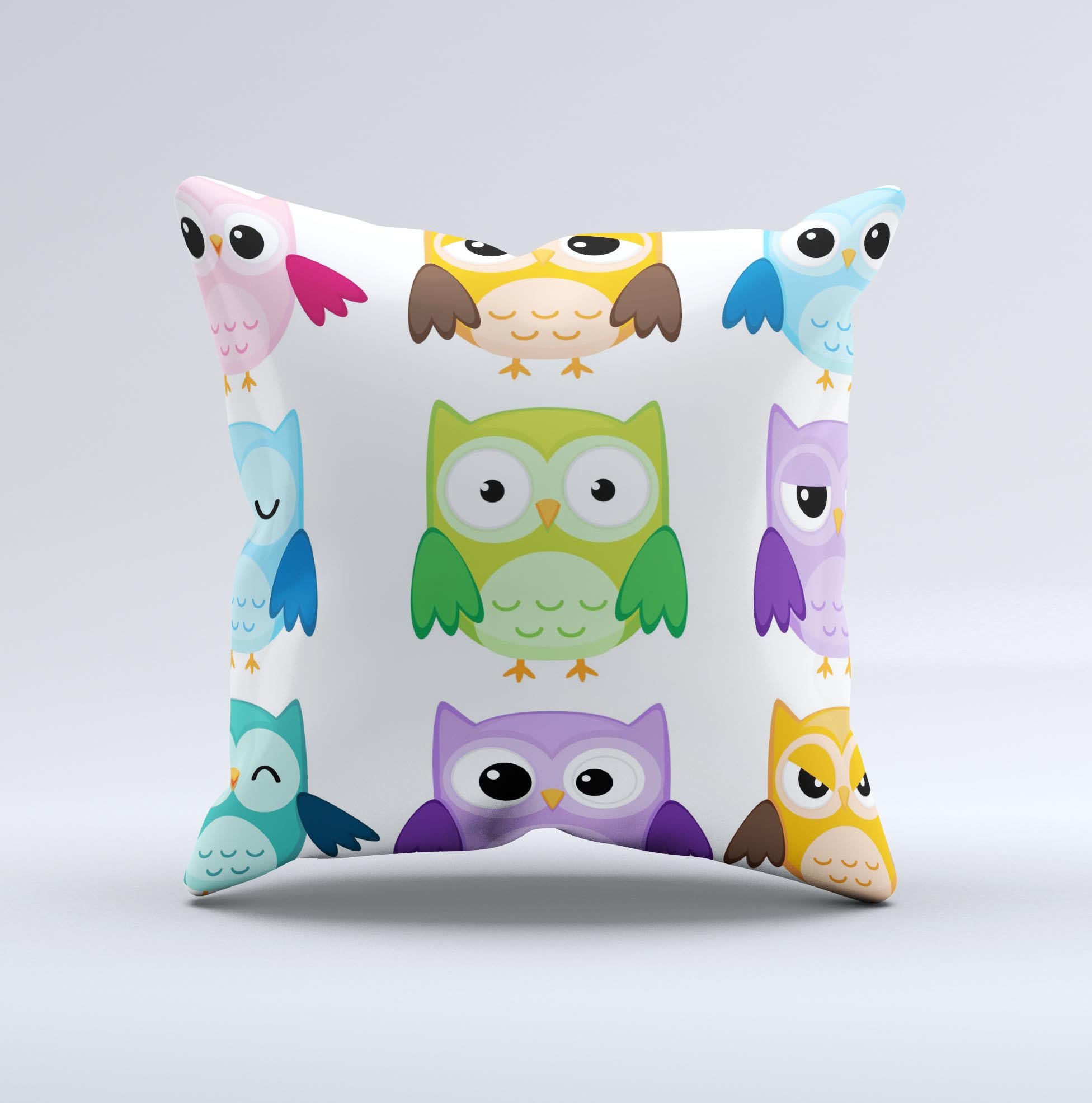 A colorful decorative throw pillow featuring emotional cartoon owls, handcrafted in Virginia with a unique design and soft fabric.