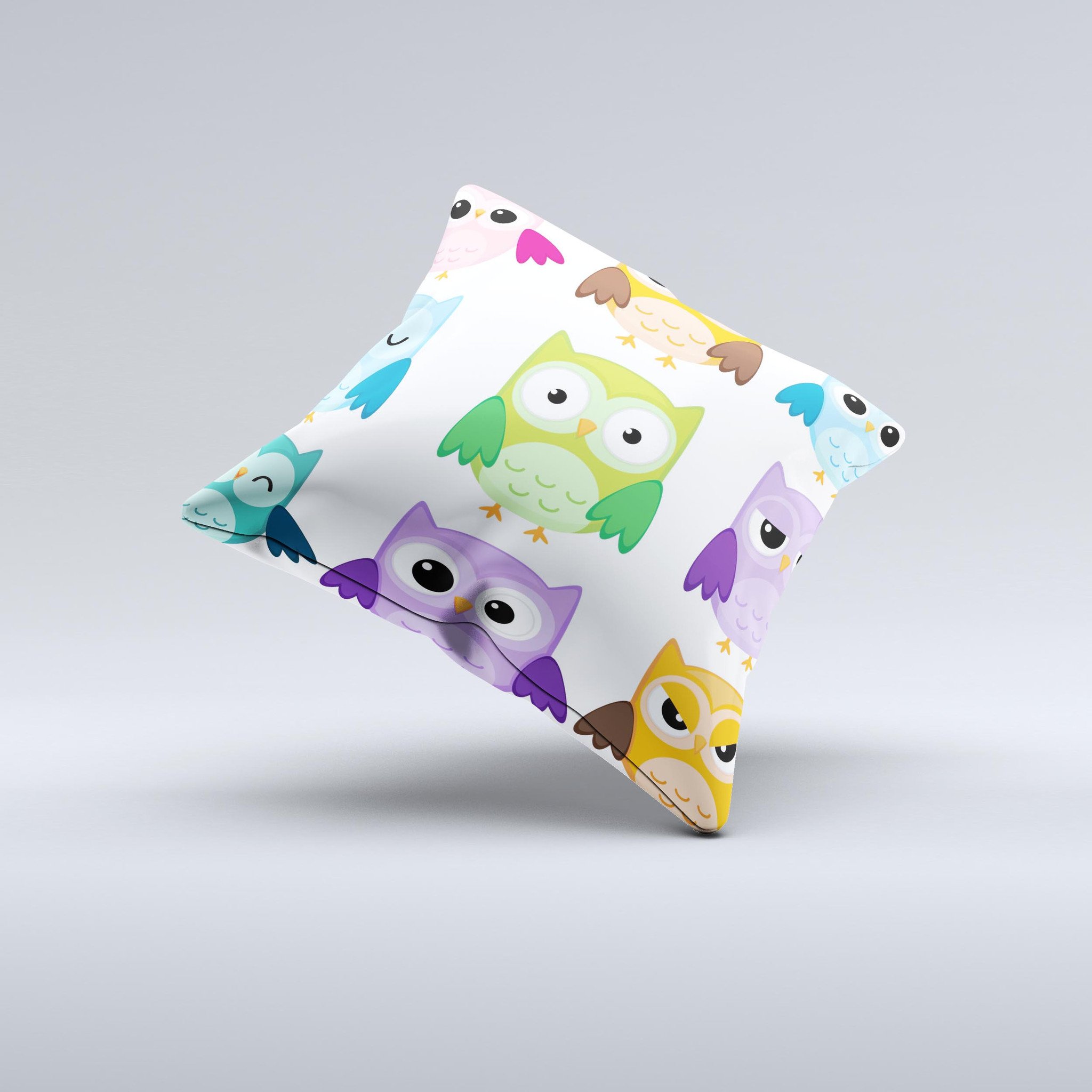 A colorful decorative throw pillow featuring emotional cartoon owls, handcrafted in Virginia with a unique design and soft fabric.