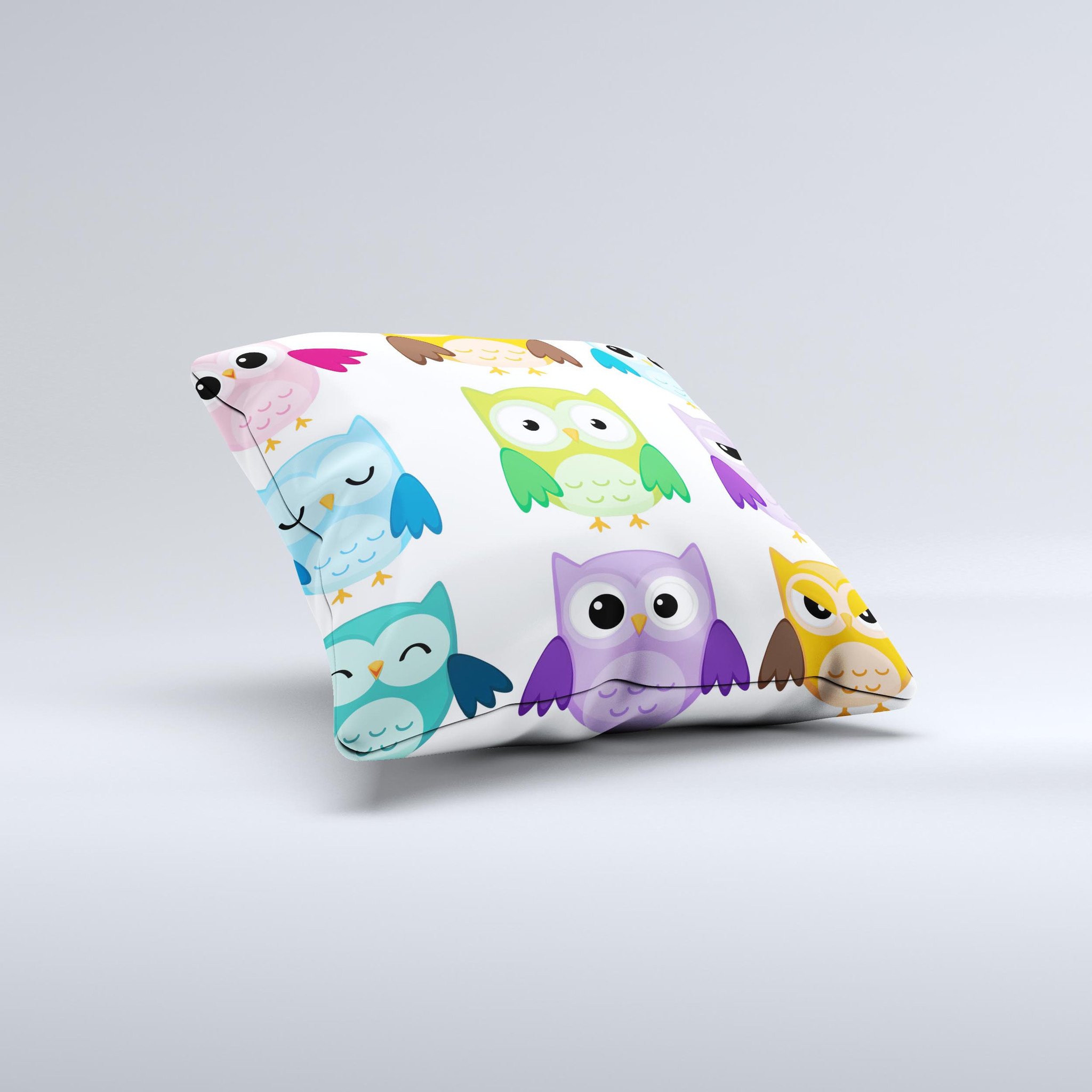 A colorful decorative throw pillow featuring emotional cartoon owls, handcrafted in Virginia with a unique design and soft fabric.