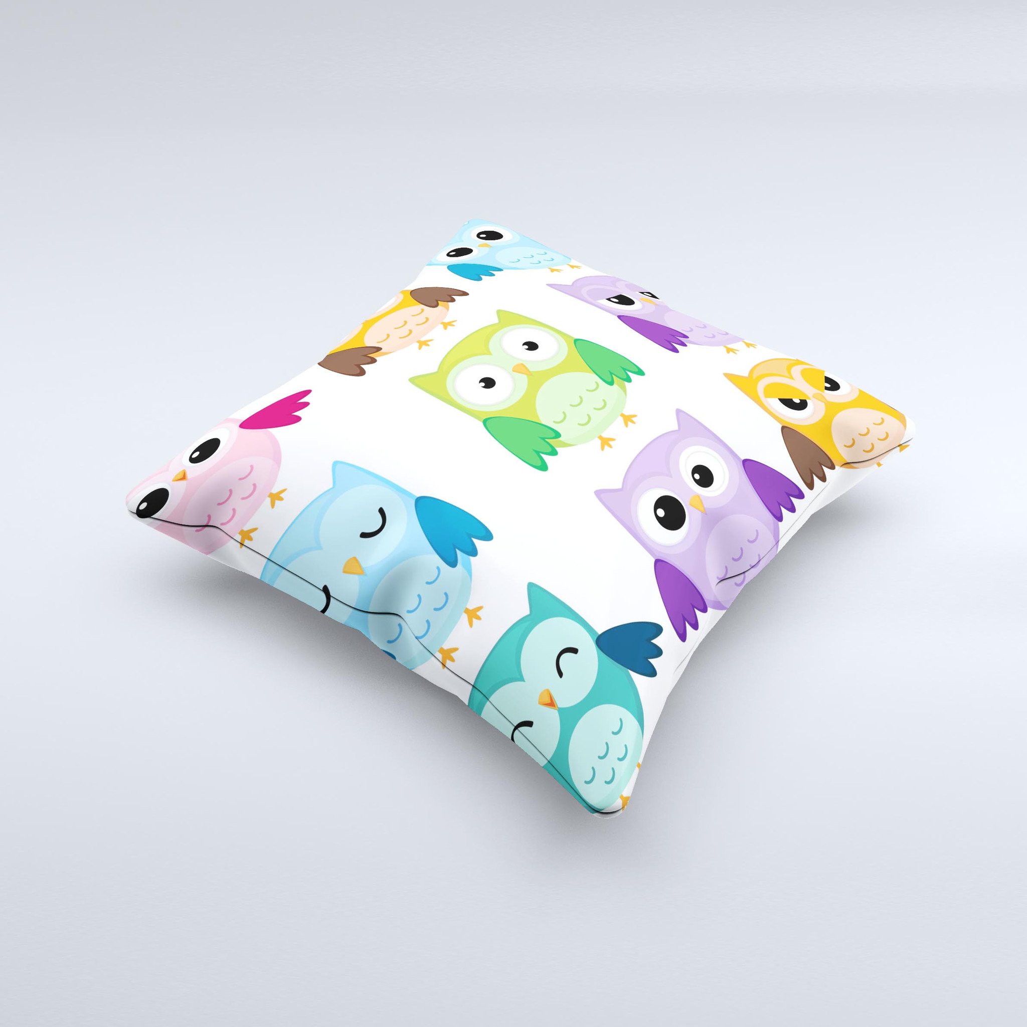 A colorful decorative throw pillow featuring emotional cartoon owls, handcrafted in Virginia with a unique design and soft fabric.