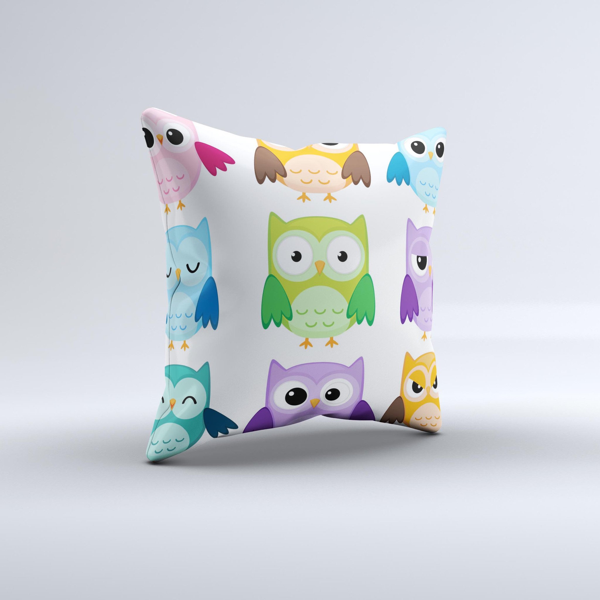 A colorful decorative throw pillow featuring emotional cartoon owls, handcrafted in Virginia with a unique design and soft fabric.