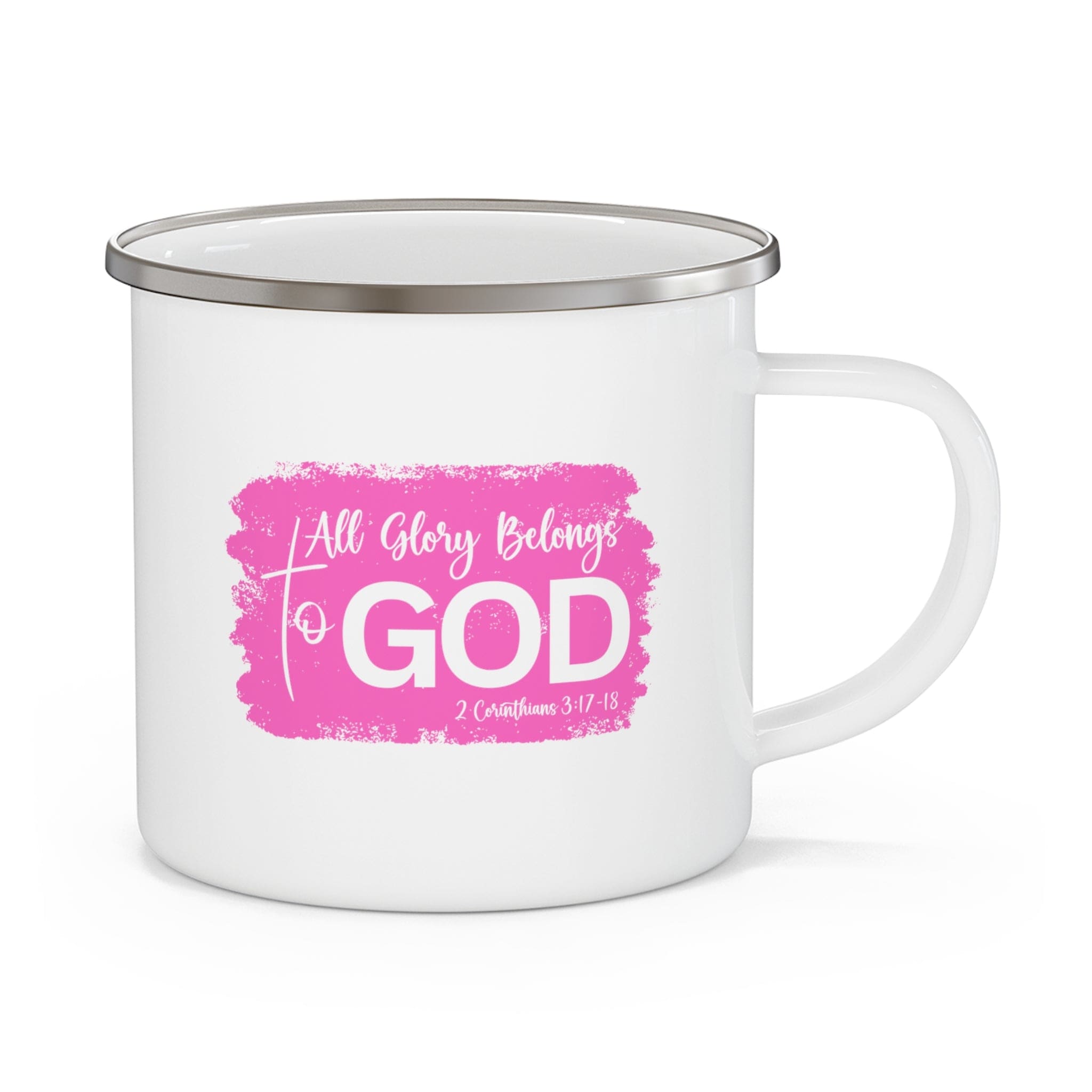 Durable enamel camping mug featuring a Christian illustration with the text 'All Glory Belongs to God', perfect for outdoor and indoor use.