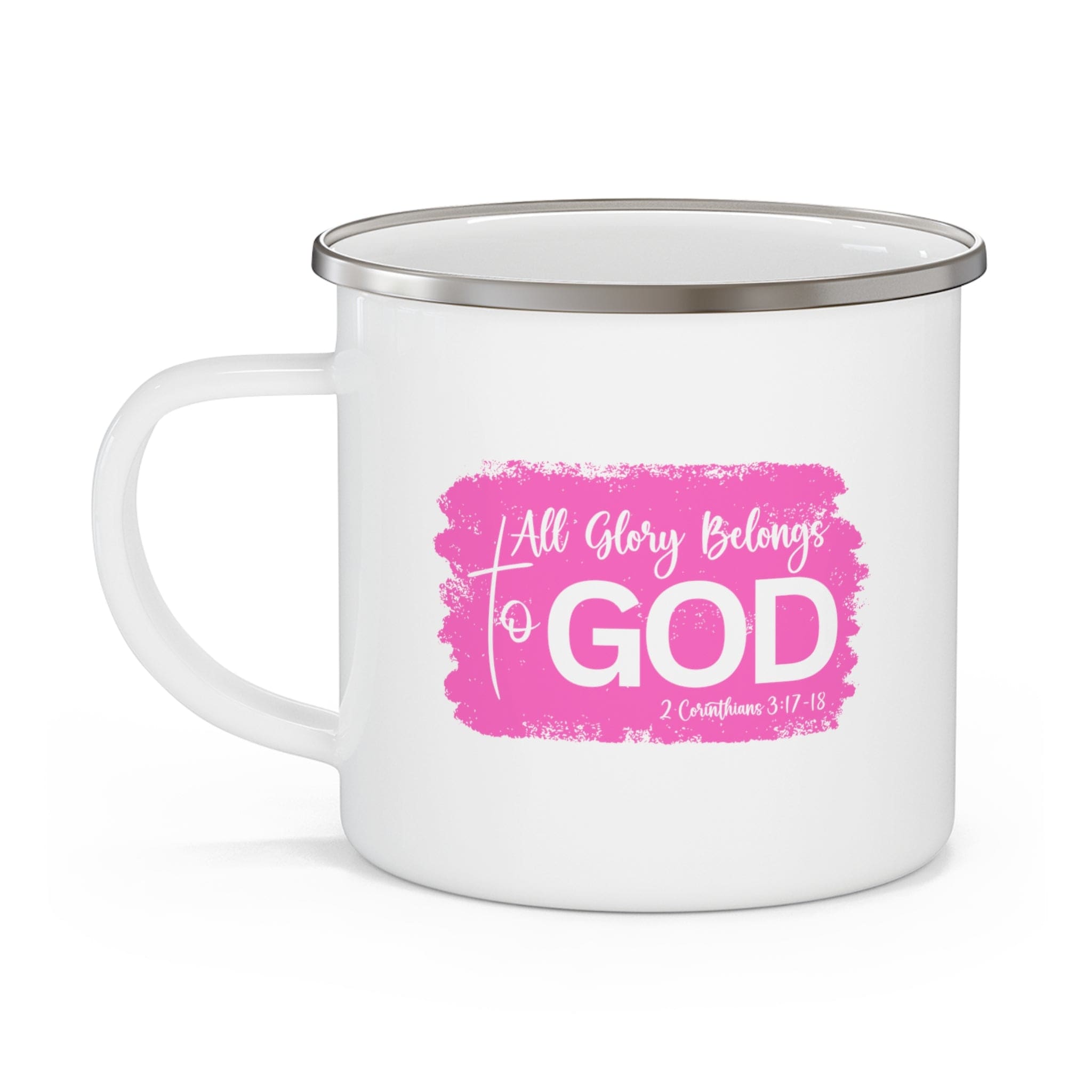 Durable enamel camping mug featuring a Christian illustration with the text 'All Glory Belongs to God', perfect for outdoor and indoor use.