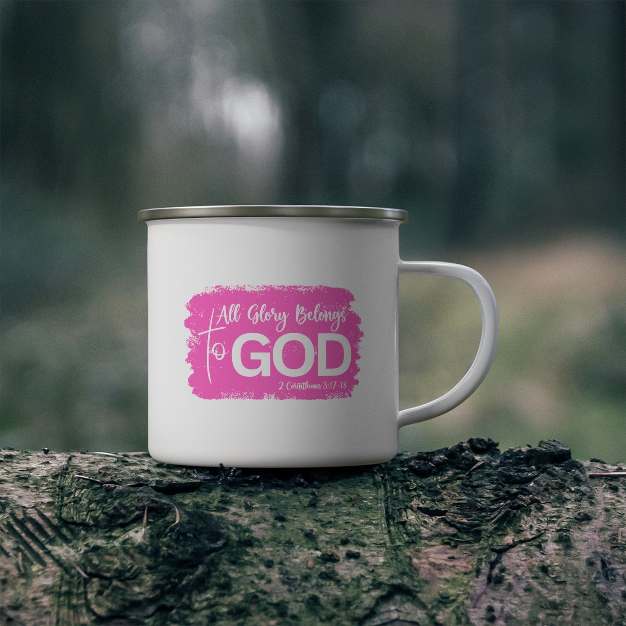 Durable enamel camping mug featuring a Christian illustration with the text 'All Glory Belongs to God', perfect for outdoor and indoor use.