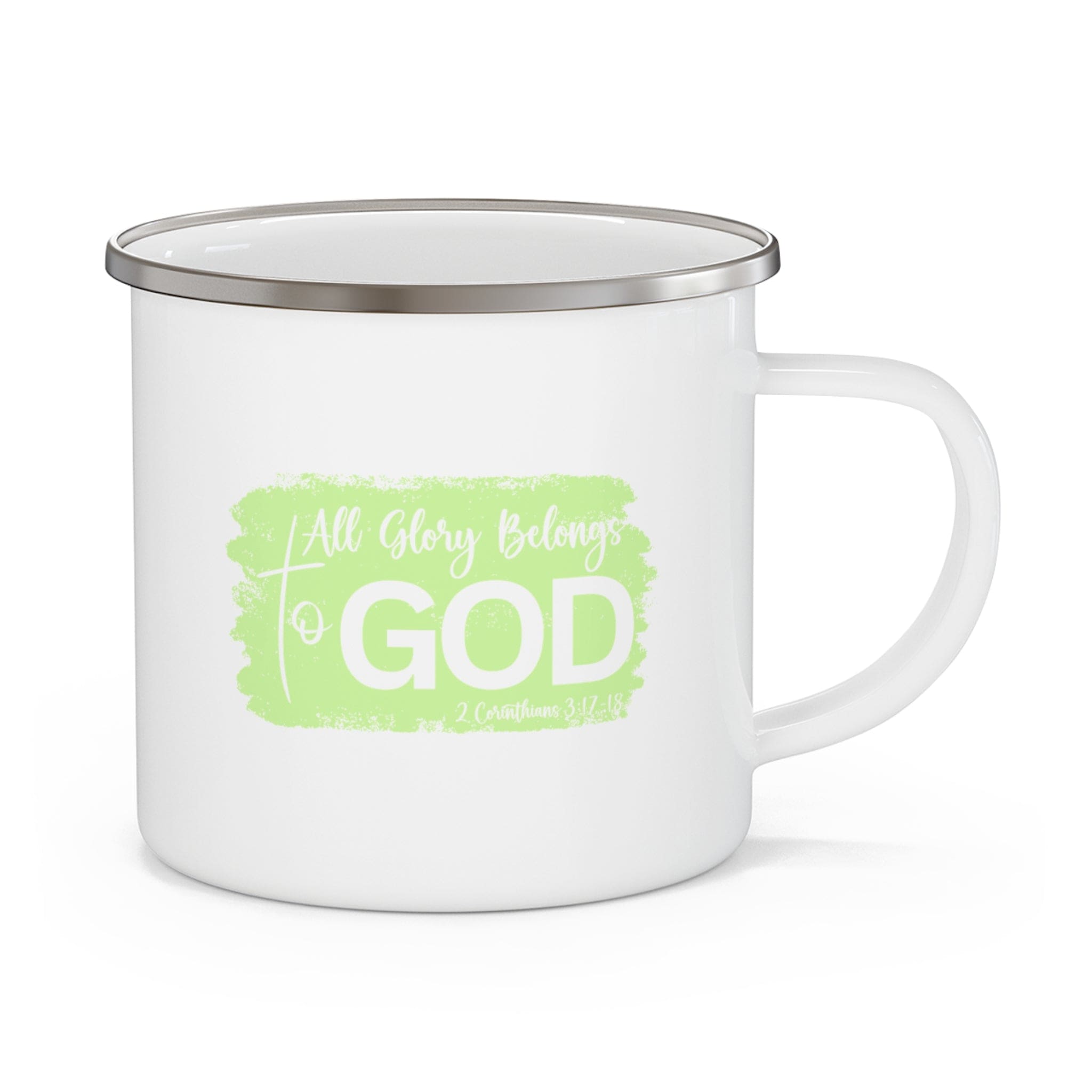 Enamel camping mug featuring a vibrant Christian Neon design with the phrase 'All Glory Belongs to God', perfect for outdoor use.