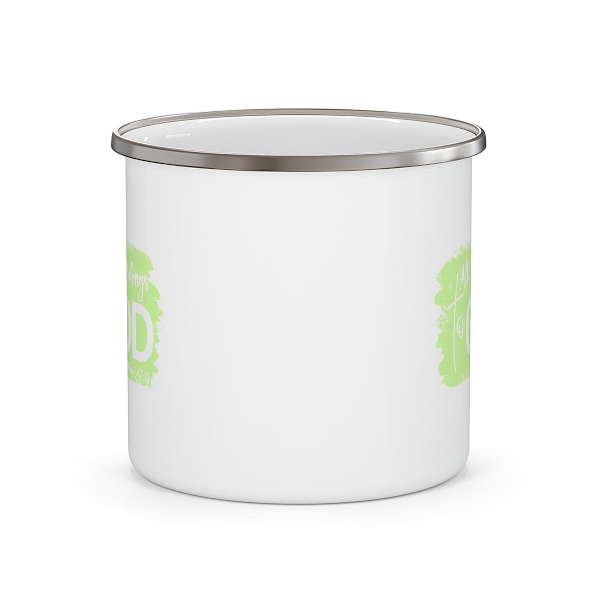 Enamel camping mug featuring a vibrant Christian Neon design with the phrase 'All Glory Belongs to God', perfect for outdoor use.