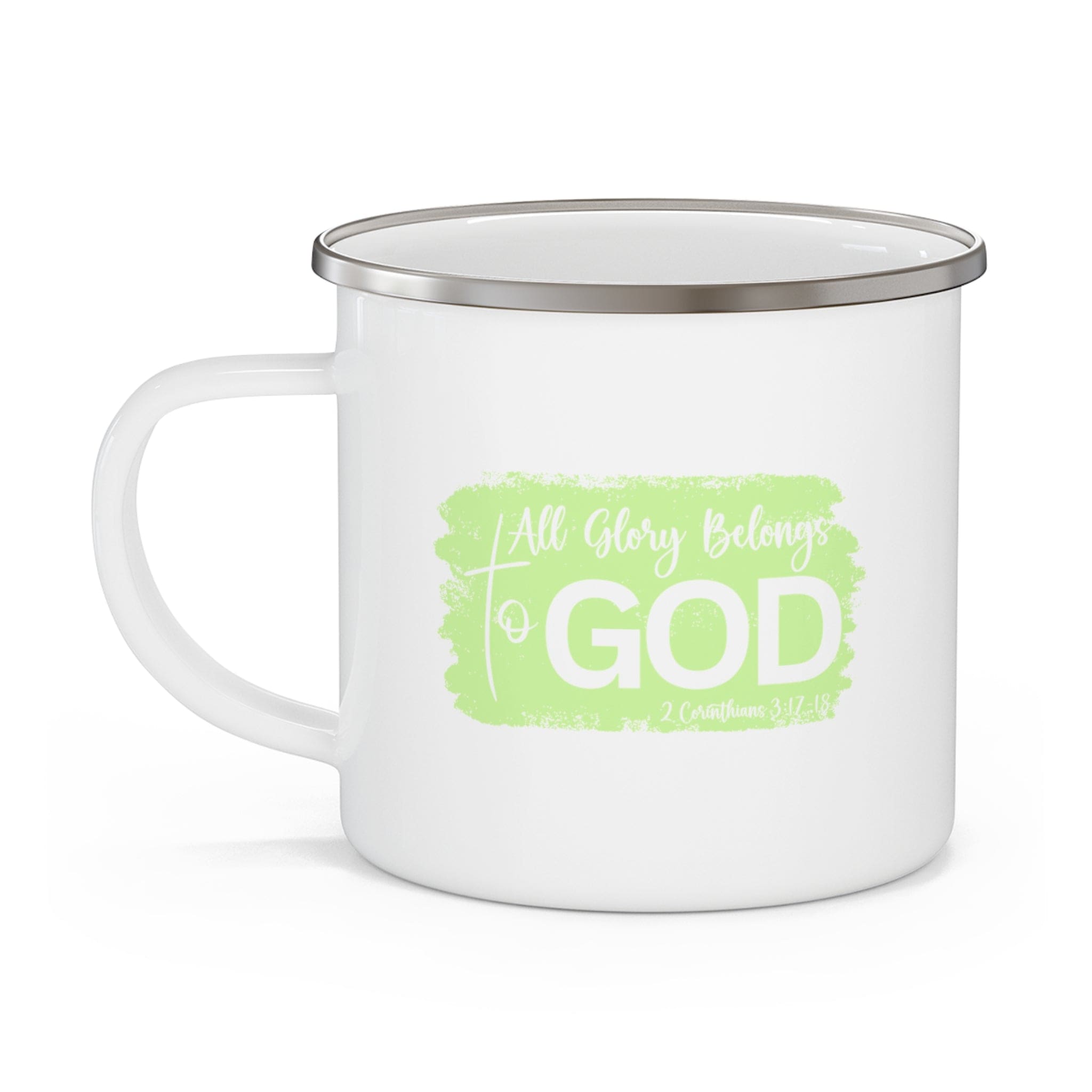 Enamel camping mug featuring a vibrant Christian Neon design with the phrase 'All Glory Belongs to God', perfect for outdoor use.