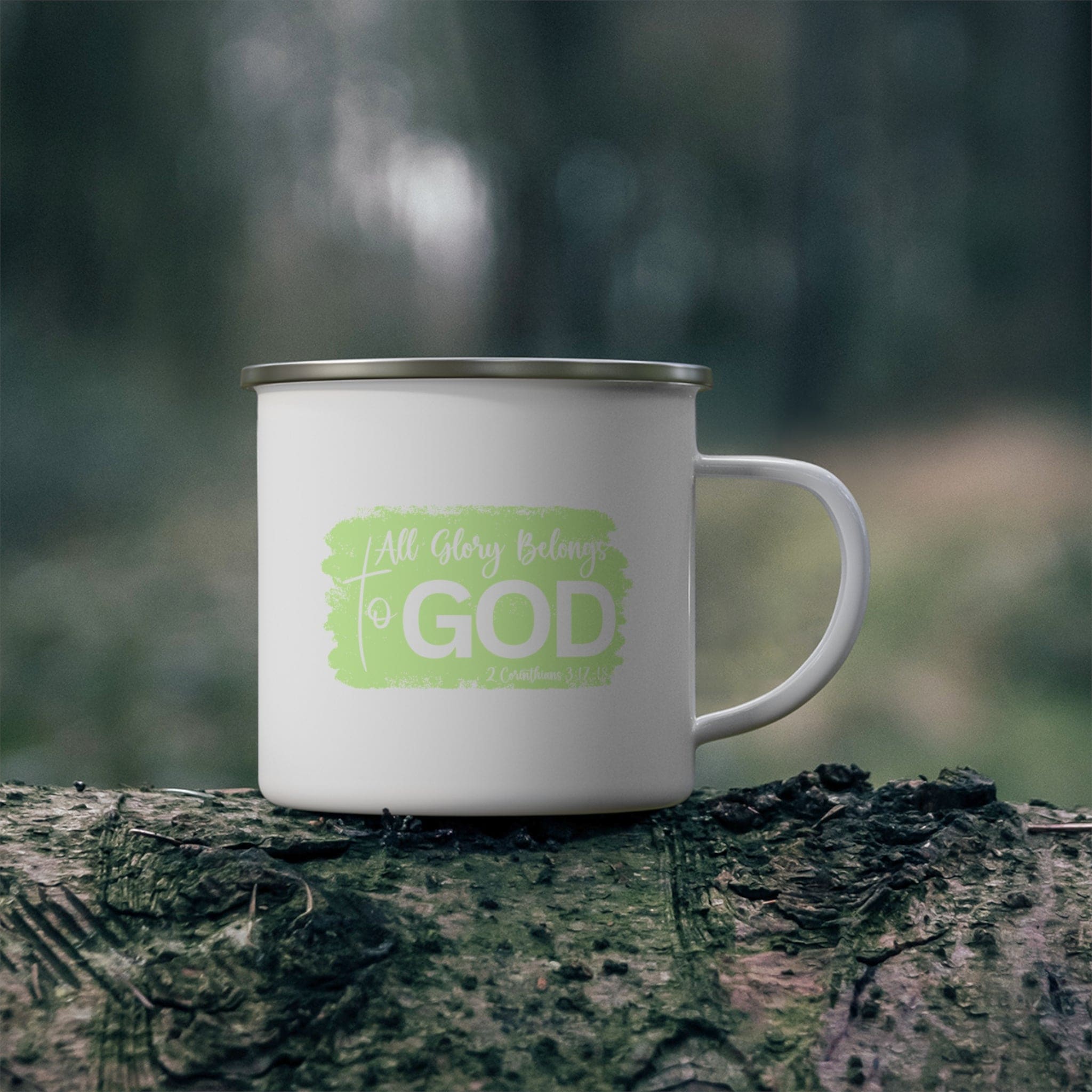 Enamel camping mug featuring a vibrant Christian Neon design with the phrase 'All Glory Belongs to God', perfect for outdoor use.